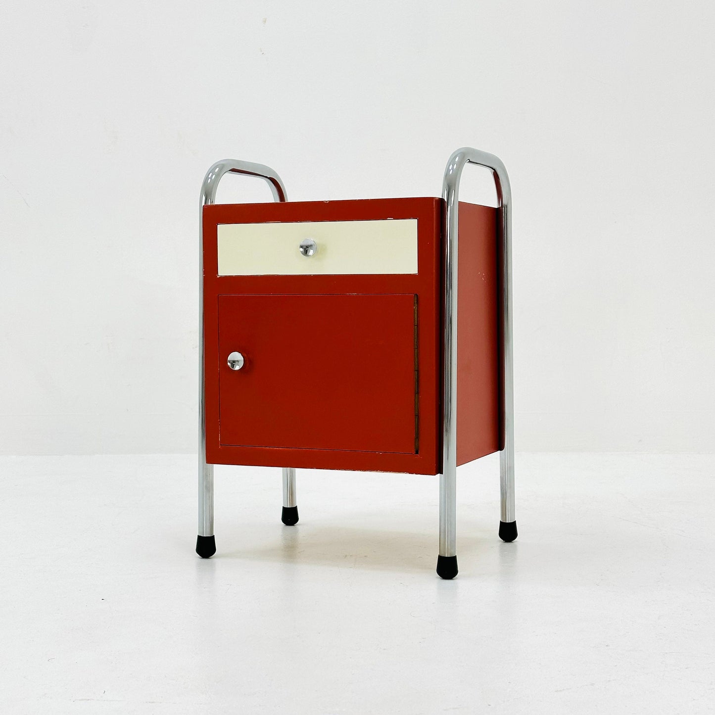 Bauhaus nightstand with drawer in red & white 1970s