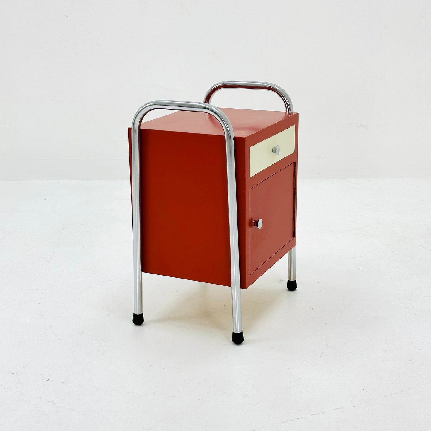 Bauhaus nightstand with drawer in red & white 1970s