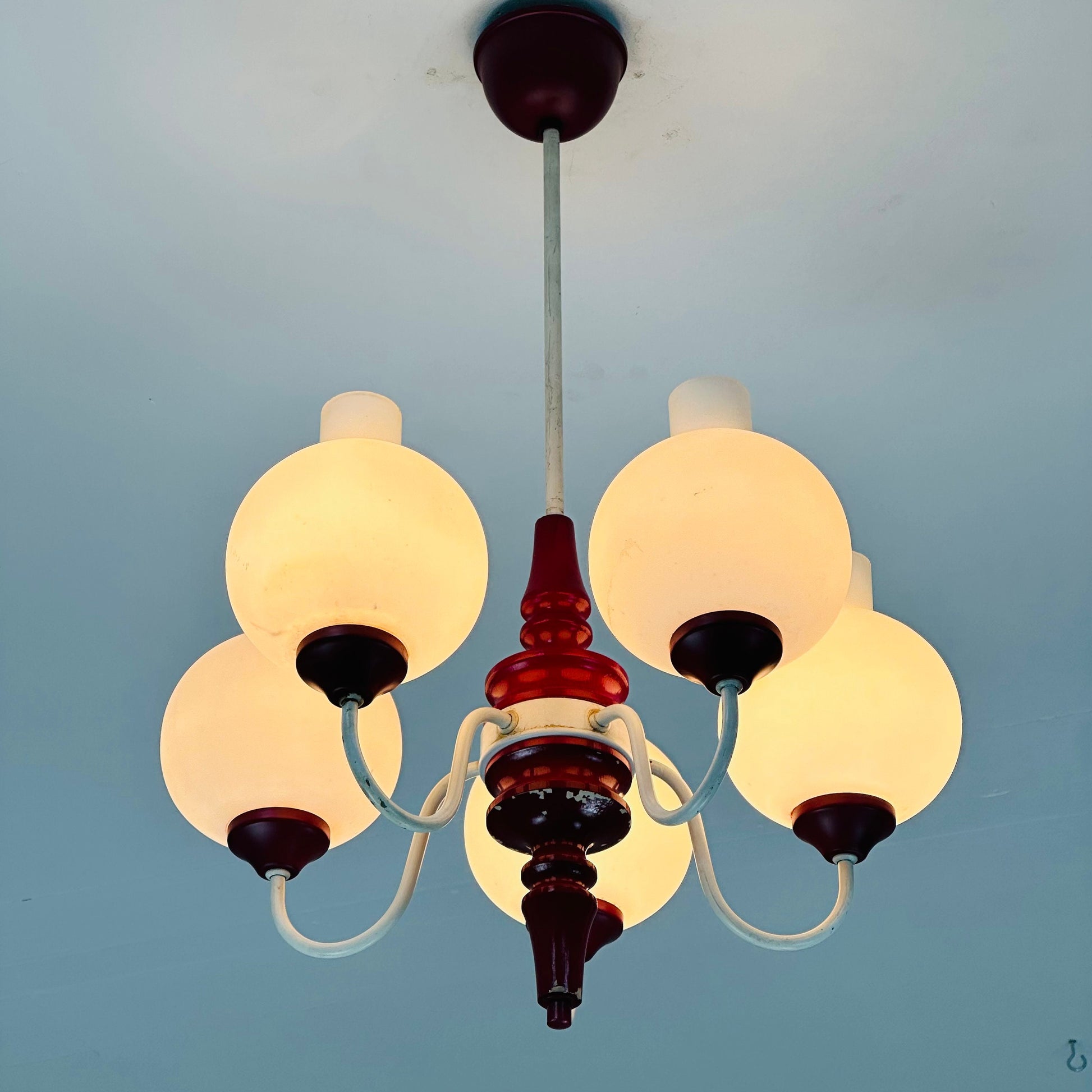 German mid century 5 Opal Glass and Bordeaux Body Chandelier by Kaiser Leuchten, 1960s, Germany