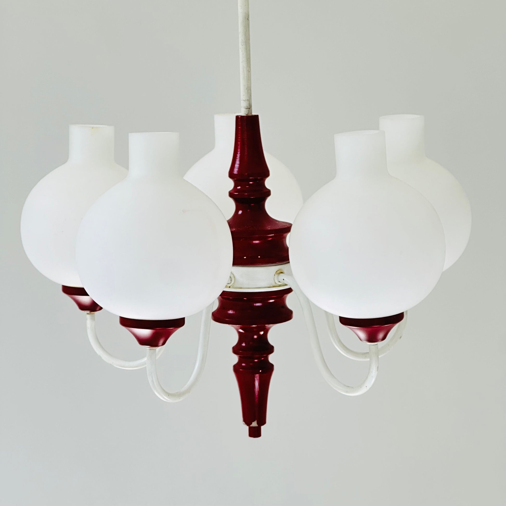 German mid century 5 Opal Glass and Bordeaux Body Chandelier by Kaiser Leuchten, 1960s, Germany