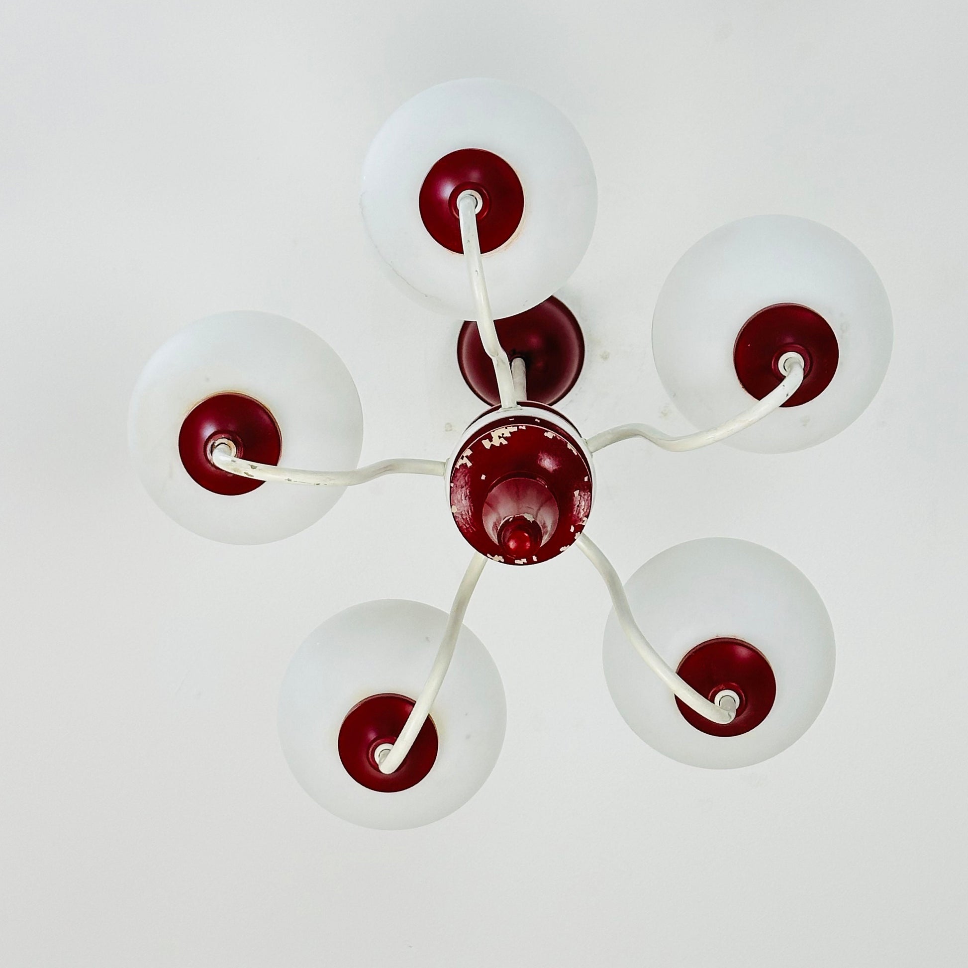 German mid century 5 Opal Glass and Bordeaux Body Chandelier by Kaiser Leuchten, 1960s, Germany