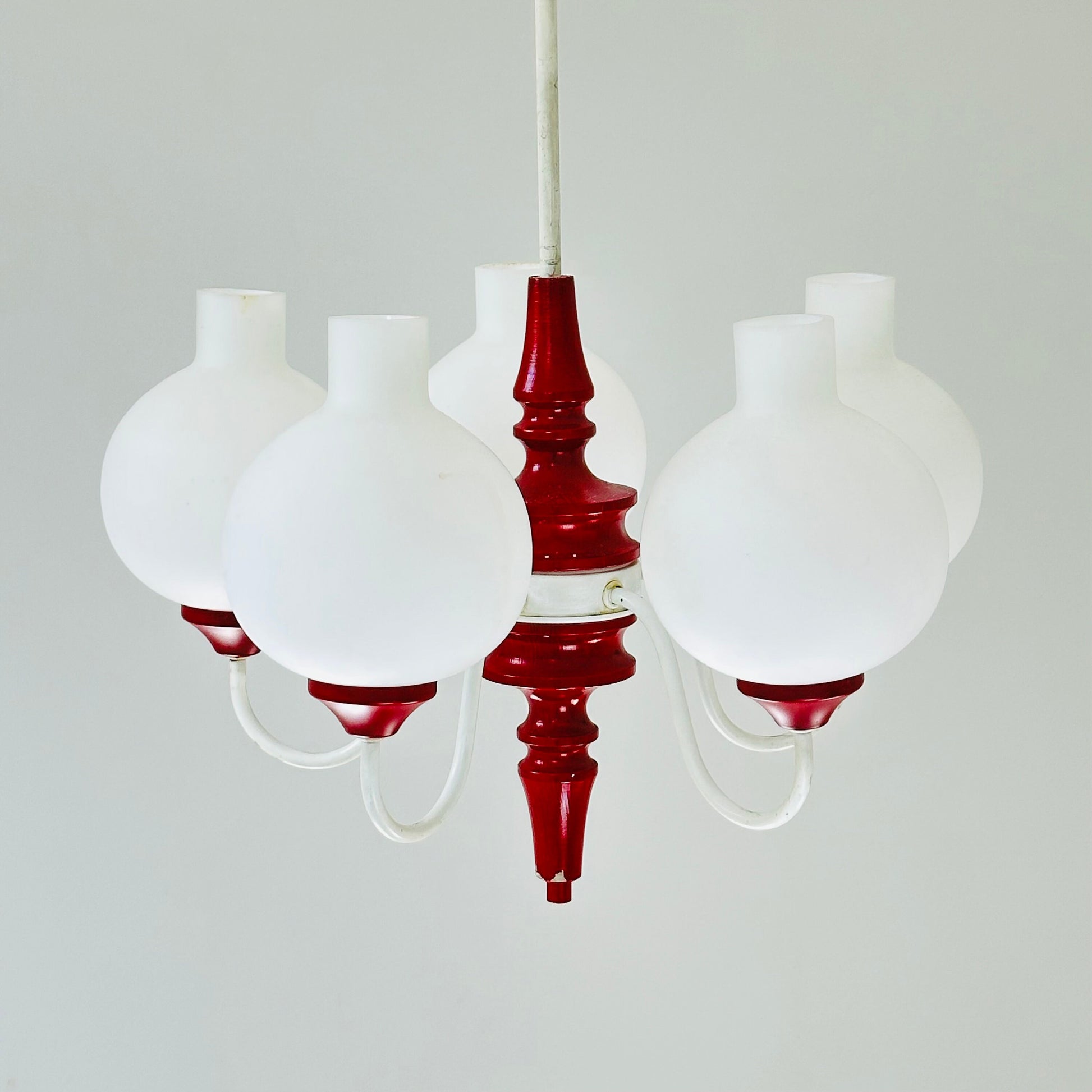 German mid century 5 Opal Glass and Bordeaux Body Chandelier by Kaiser Leuchten, 1960s, Germany