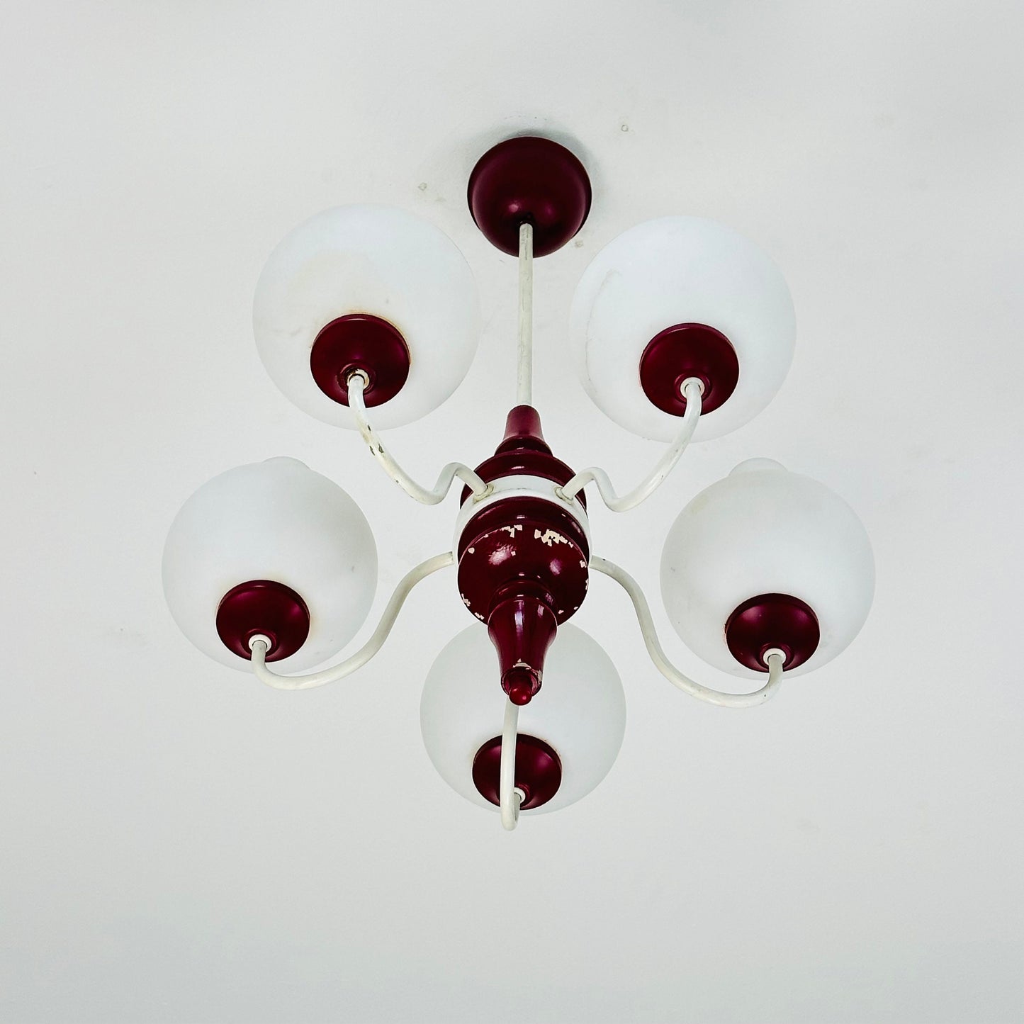 German mid century 5 Opal Glass and Bordeaux Body Chandelier by Kaiser Leuchten, 1960s, Germany