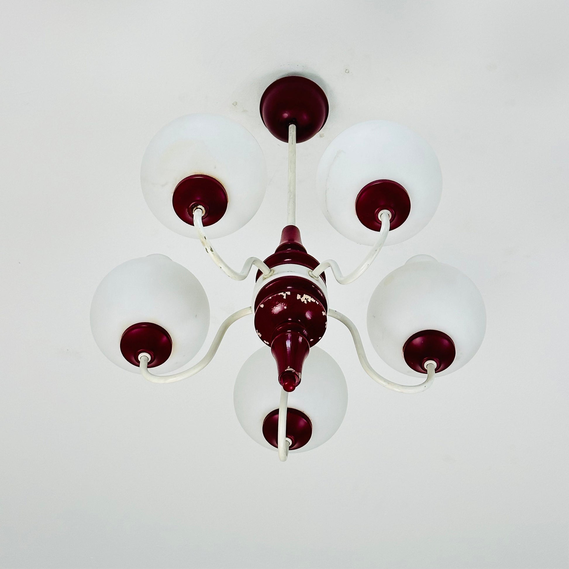 German mid century 5 Opal Glass and Bordeaux Body Chandelier by Kaiser Leuchten, 1960s, Germany