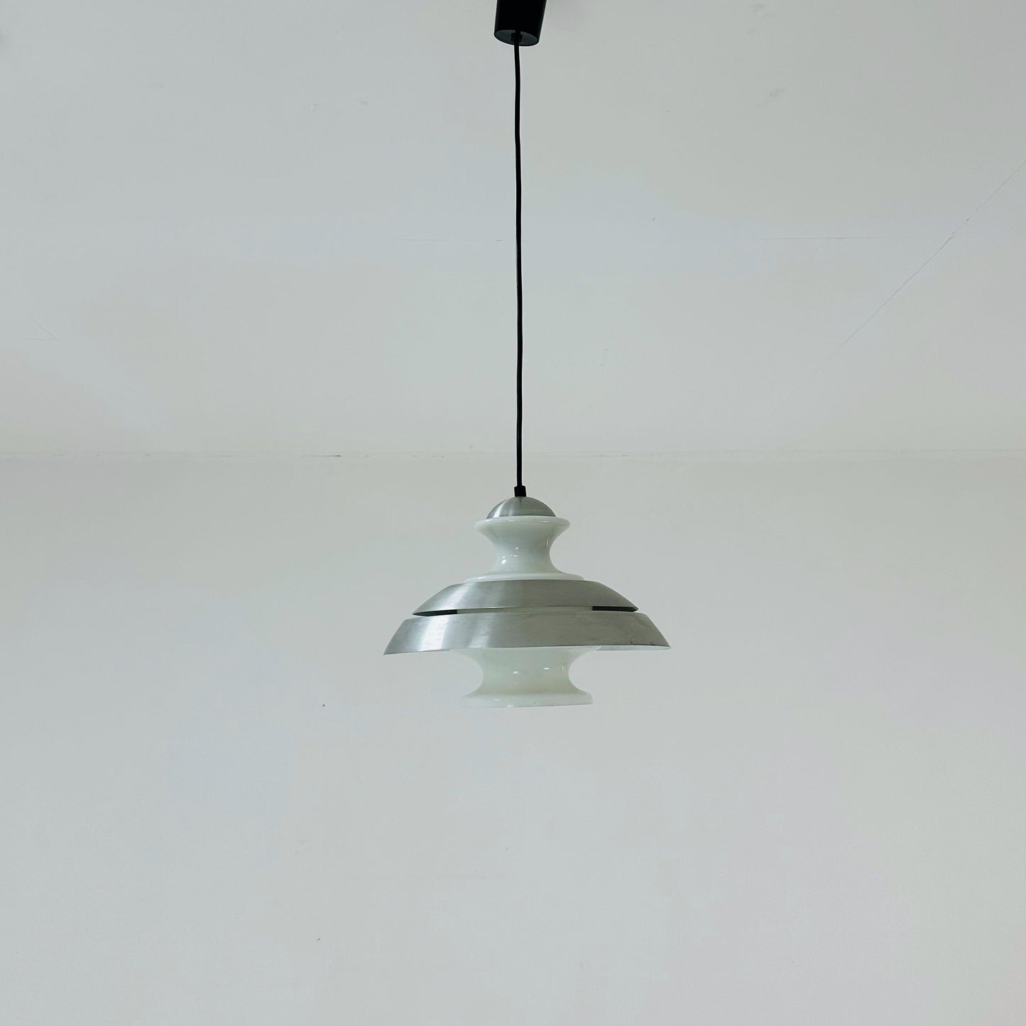 Scandinavian Pendant lamp from the 1970s in brushed aluminum and opaline glass.