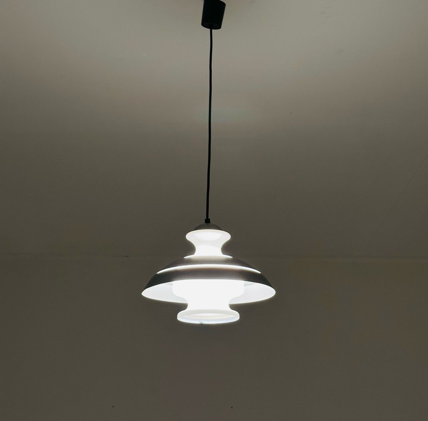 Scandinavian Pendant lamp from the 1970s in brushed aluminum and opaline glass.