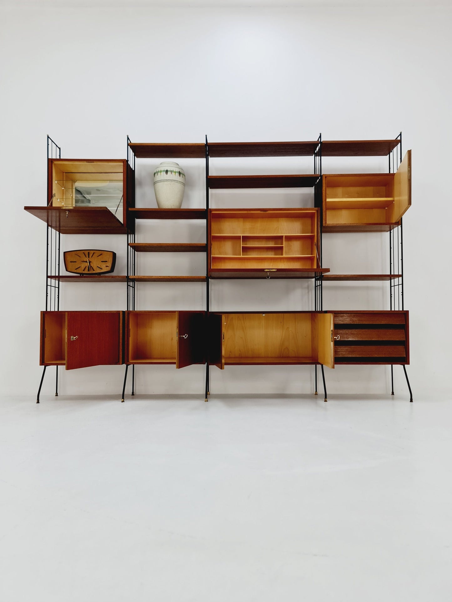 Freestanding string shelf-system unit bookcase teak & metal by Silverschild Germany, 1950s
