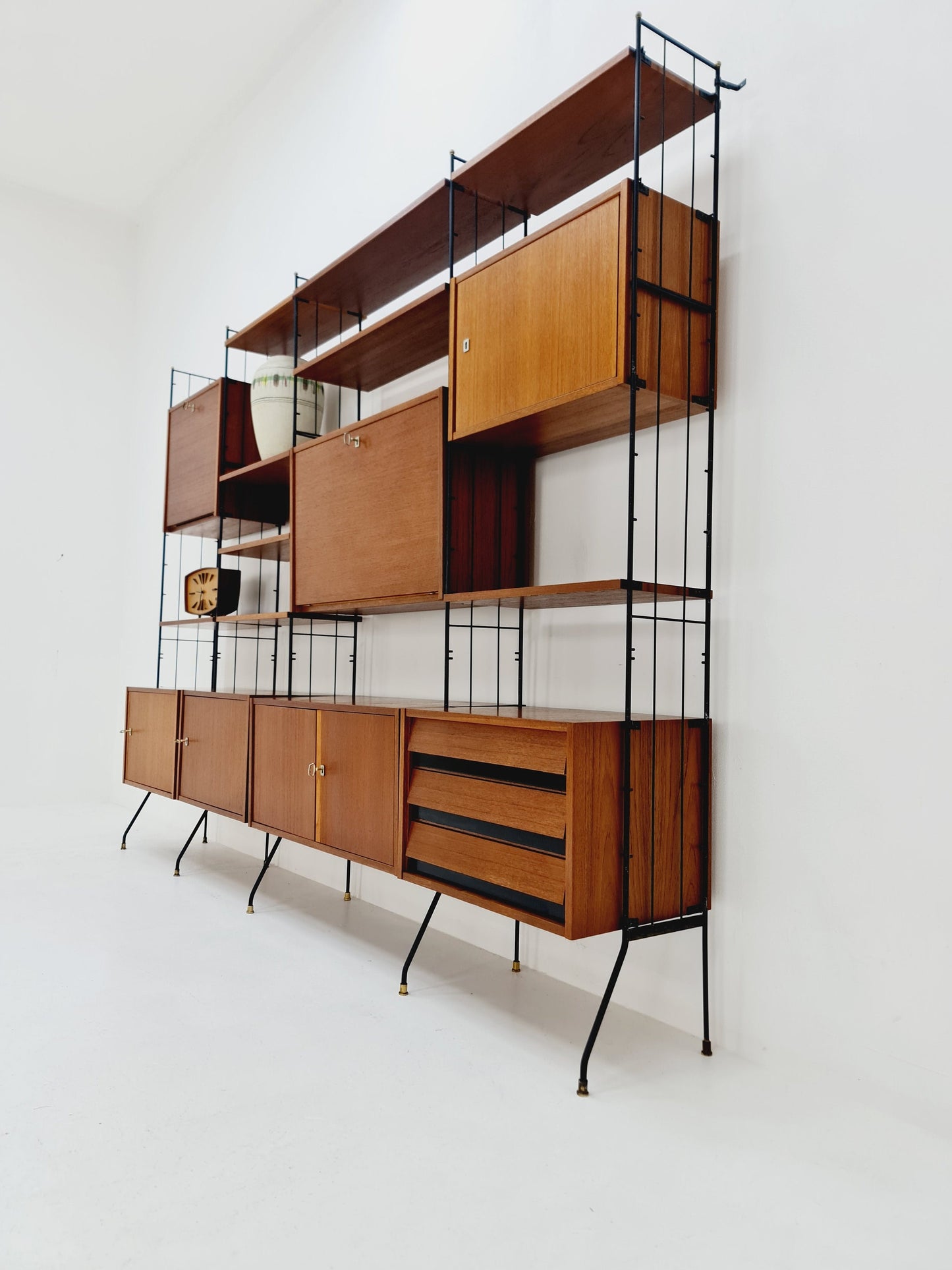 Freestanding string shelf-system unit bookcase teak & metal by Silverschild Germany, 1950s