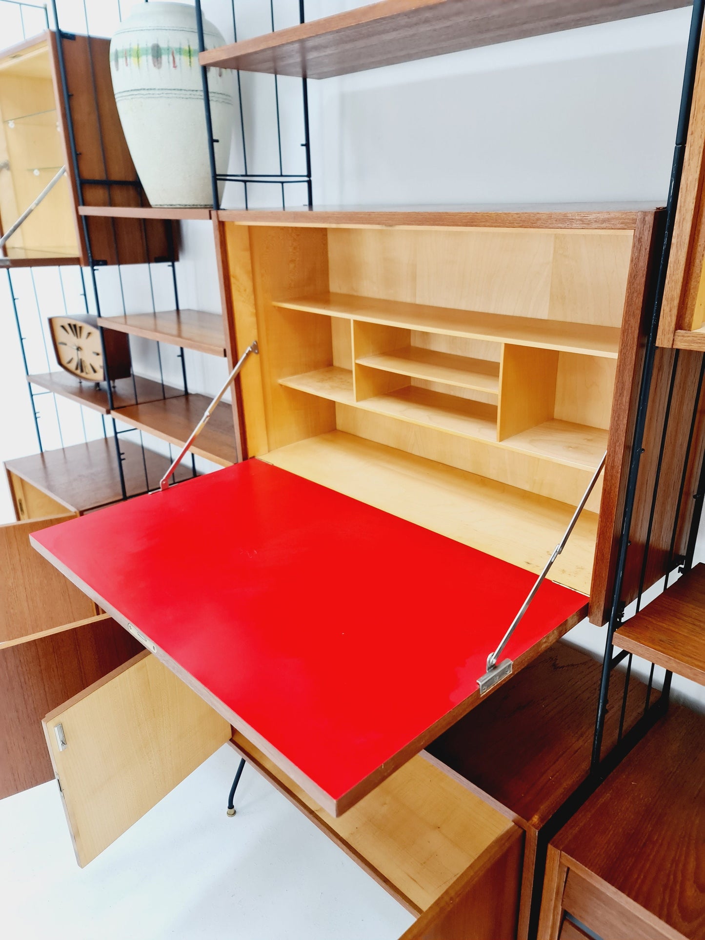 Freestanding string shelf-system unit bookcase teak & metal by Silverschild Germany, 1950s