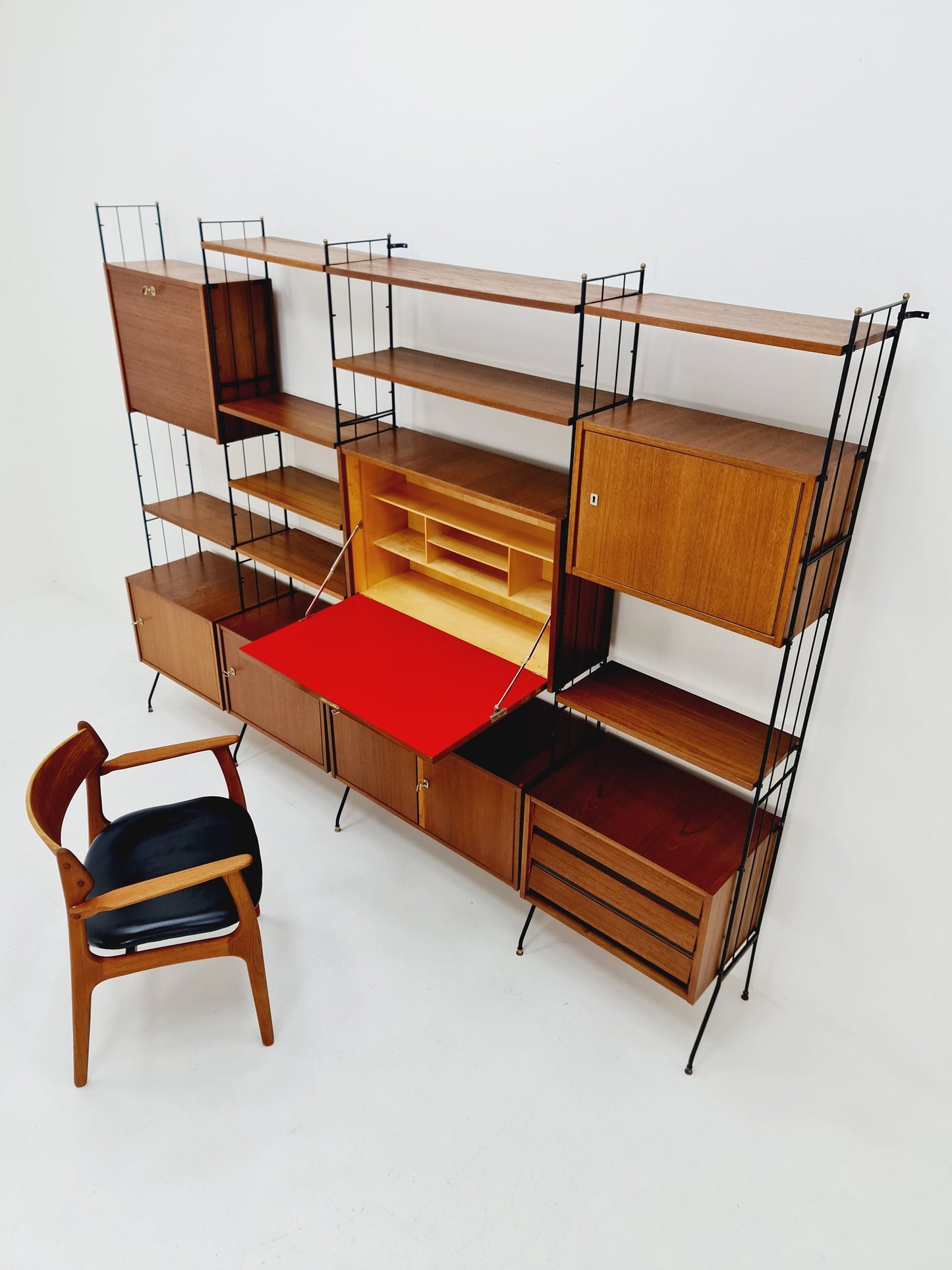 Freestanding string shelf-system unit bookcase teak & metal by Silverschild Germany, 1950s