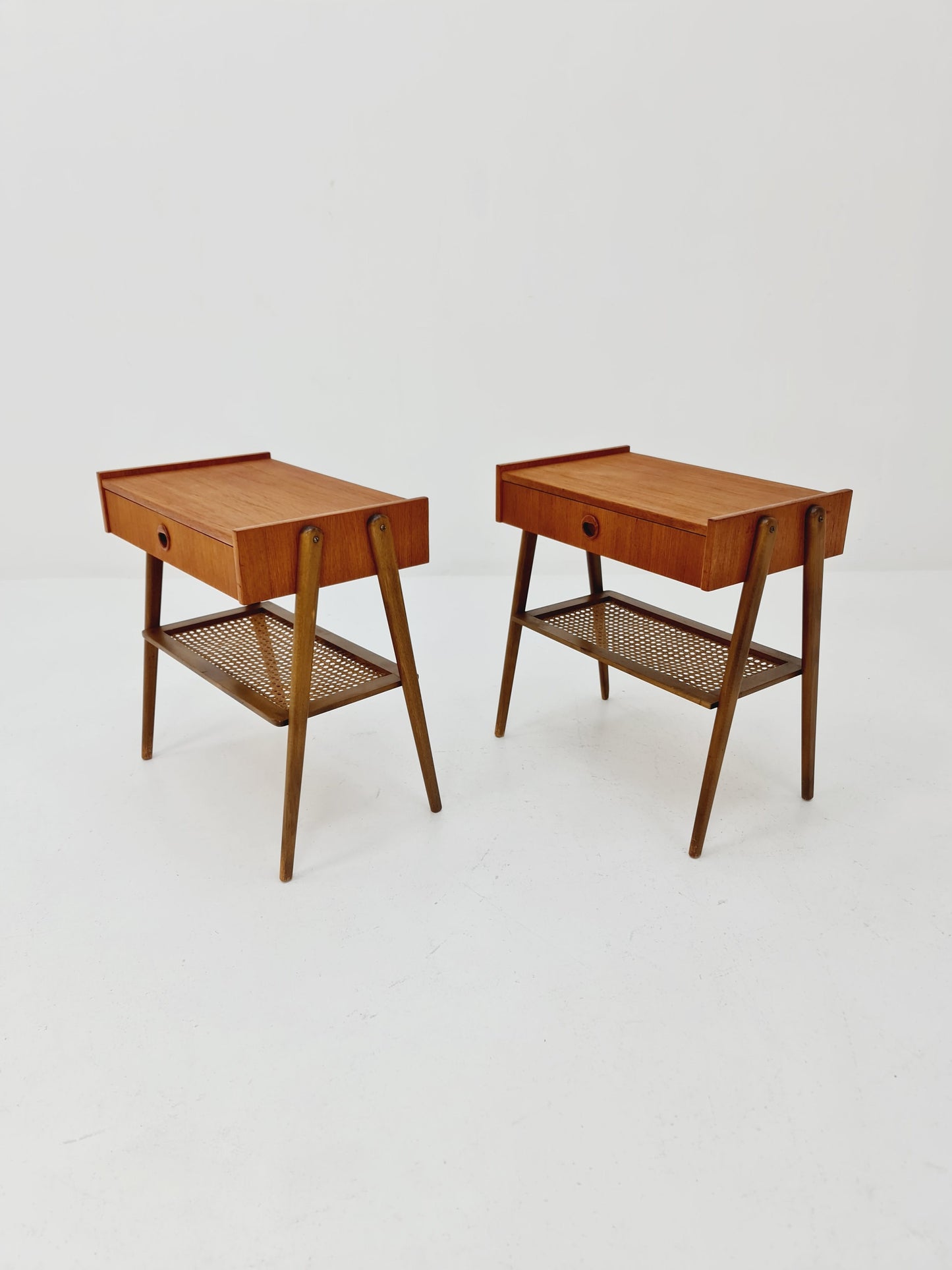 Danish Midcentury Side table/ Bedside table/ Night stand rattan and teak, set of 2