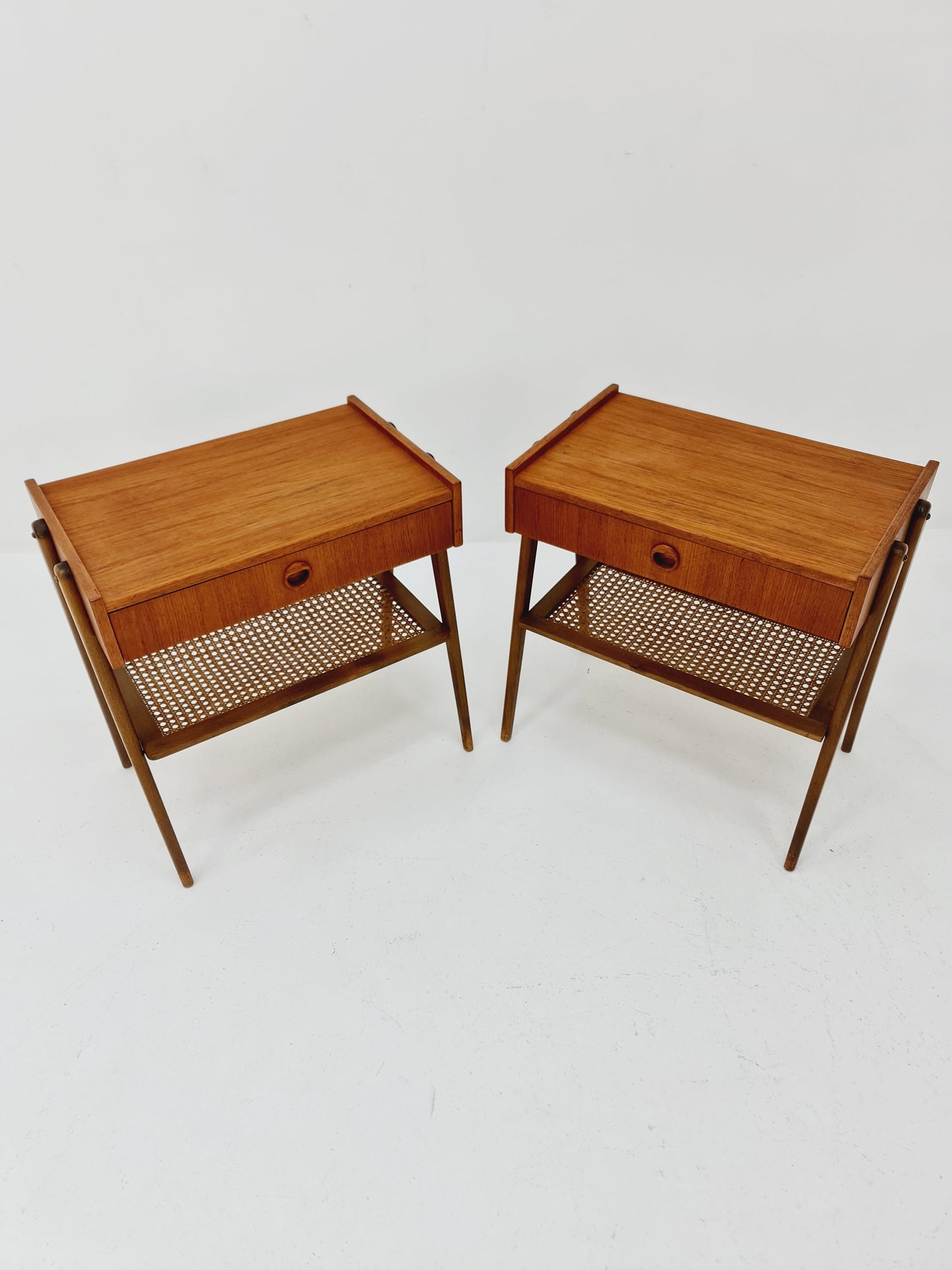 Danish Midcentury Side table/ Bedside table/ Night stand rattan and teak, set of 2