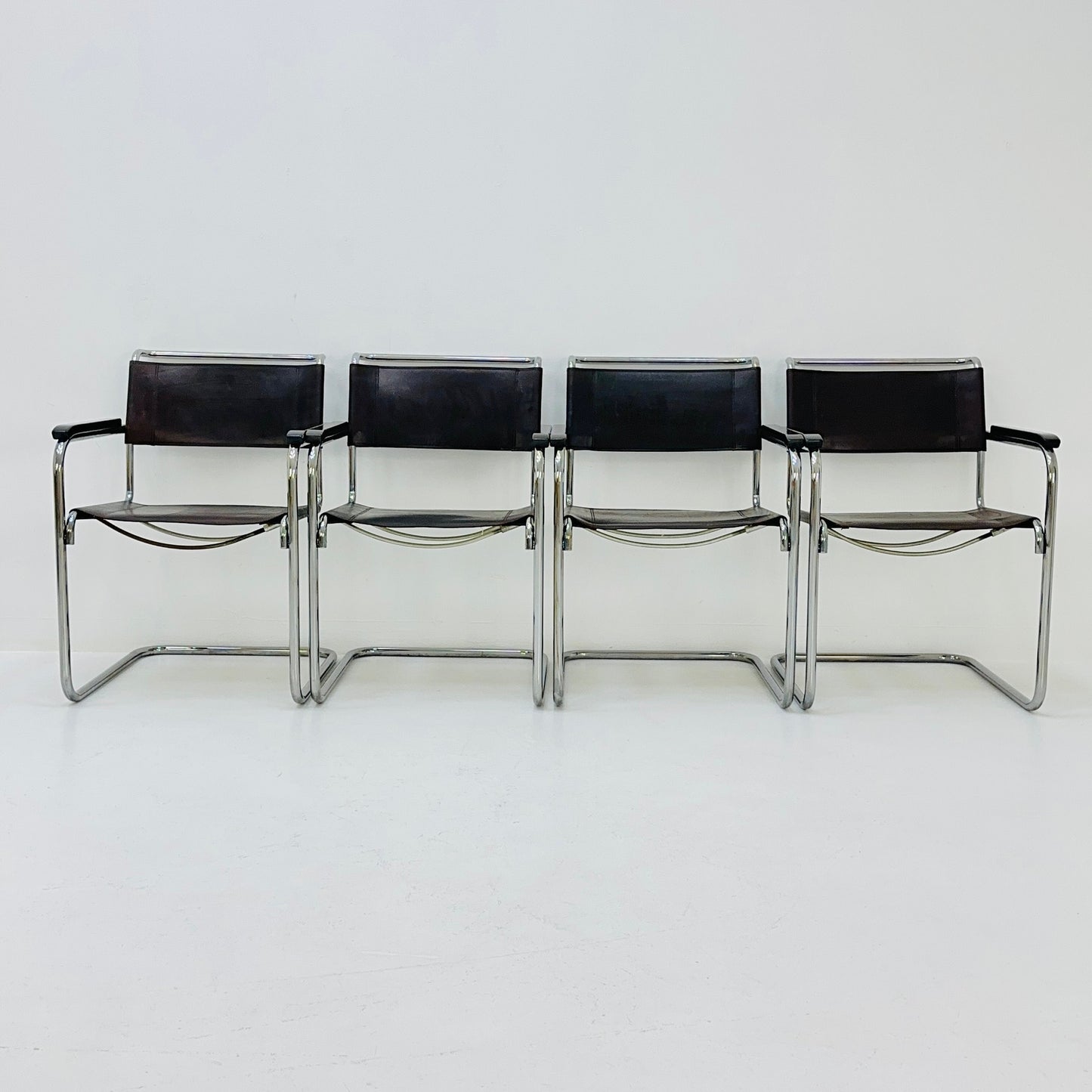 Set of 4 Bauhaus brown leather iconic armchairs by mart Stam for Thonet 1980s