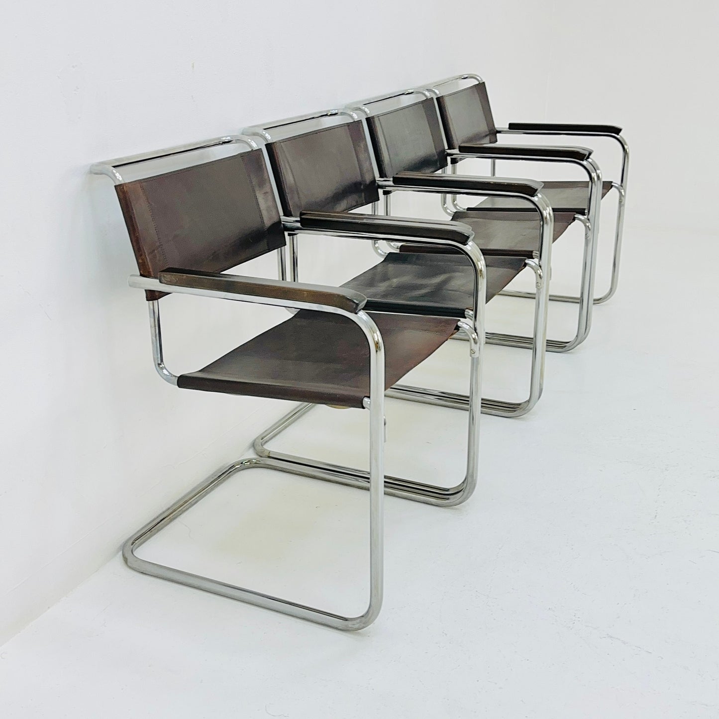 Set of 4 Bauhaus brown leather iconic armchairs by mart Stam for Thonet 1980s