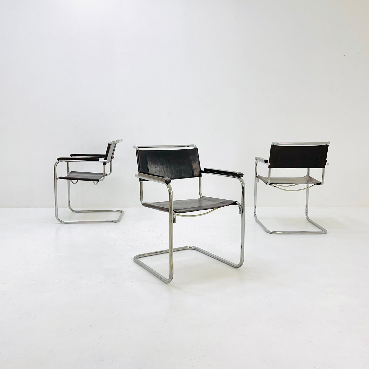 Set of 4 Bauhaus brown leather iconic armchairs by mart Stam for Thonet 1980s