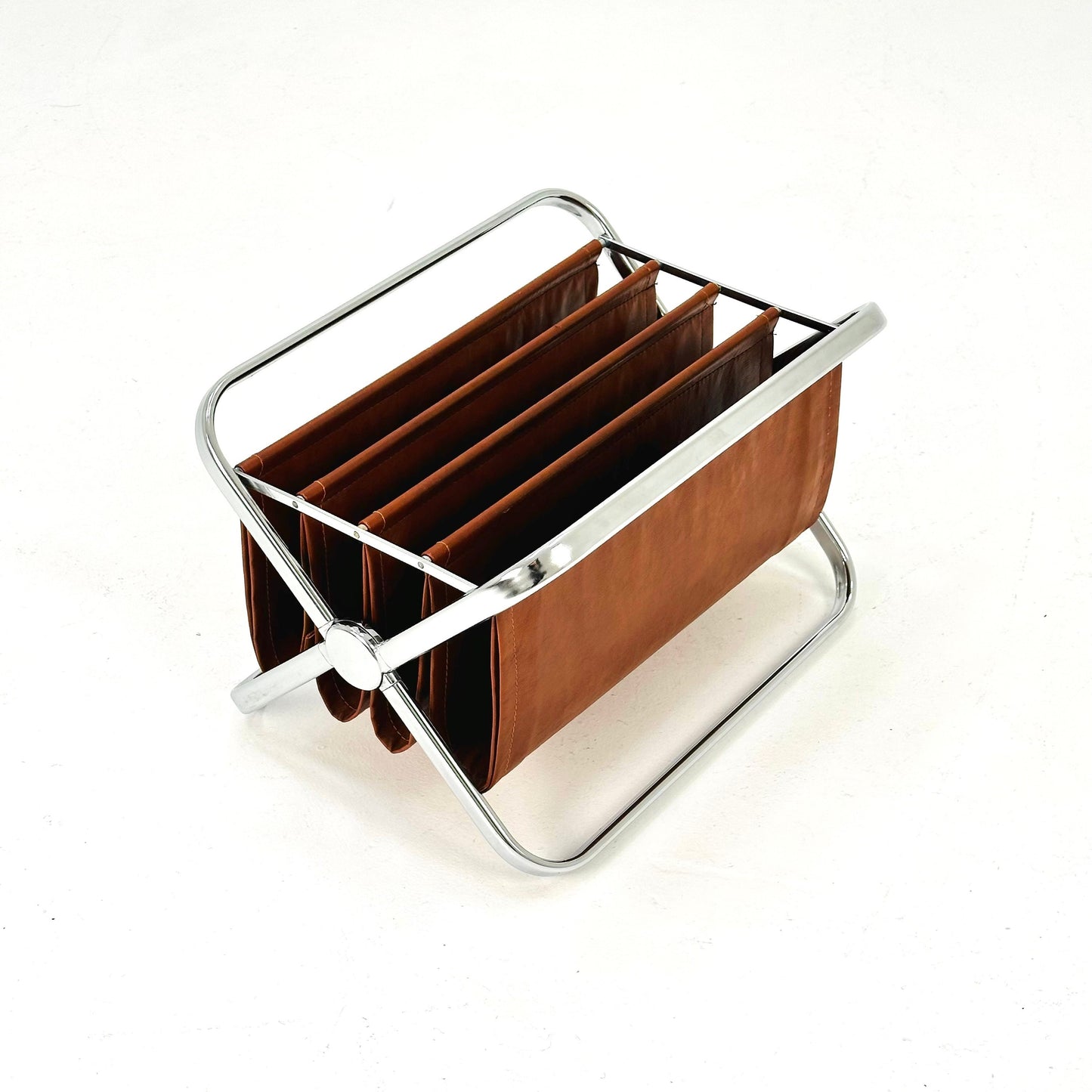 Mid century Italian chrome and cognac Leatherette Magazine Holder from Castelli, 1960s