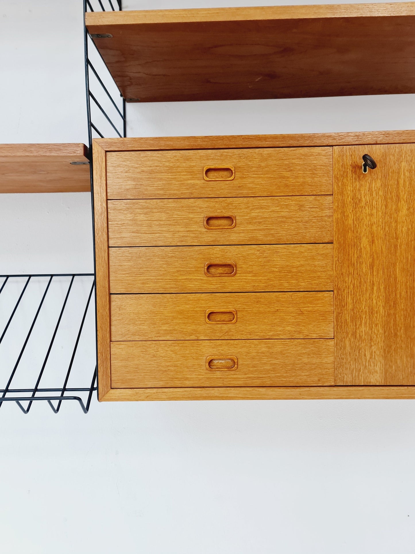 Wall-mounted original Swedish string shelf-system, drawers, bookcase teak by Nils & Kajsa Strinning, 1960s