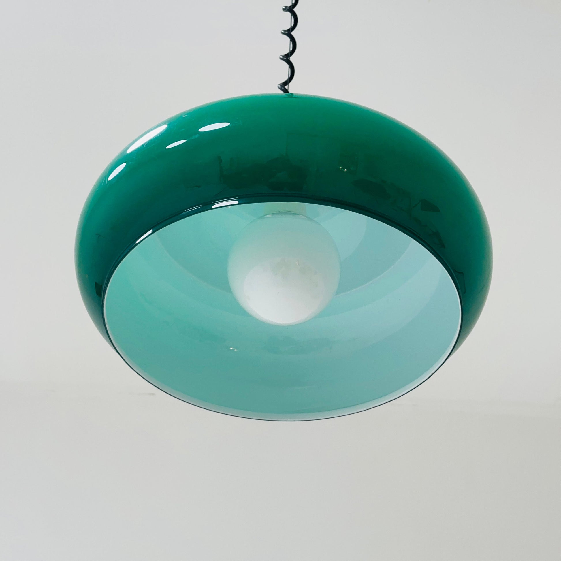 1 of 2 Mid Century Space Age Pendant Light / Green Vintage Lamp Italy 1970s