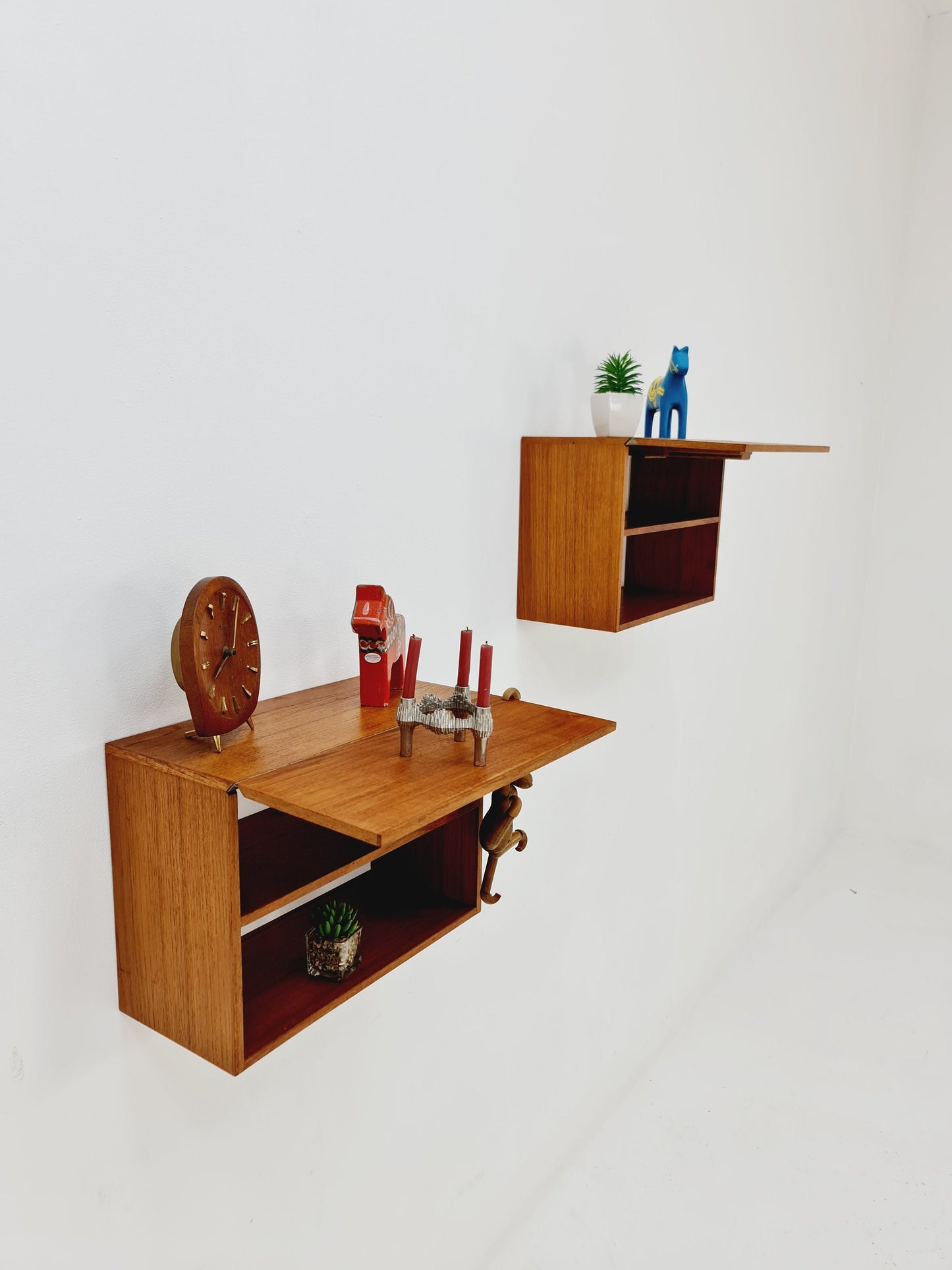 Rare pair of Danish teak floating extandable shelf nightstands, 1960s