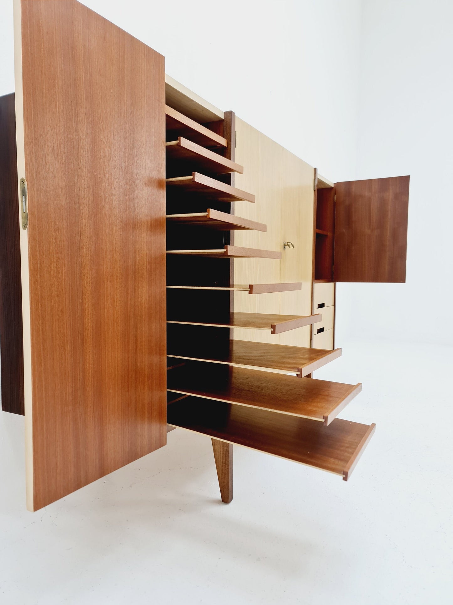 Midcentury German vintage Ash & walnut Highboard, By InterLübke 1960s