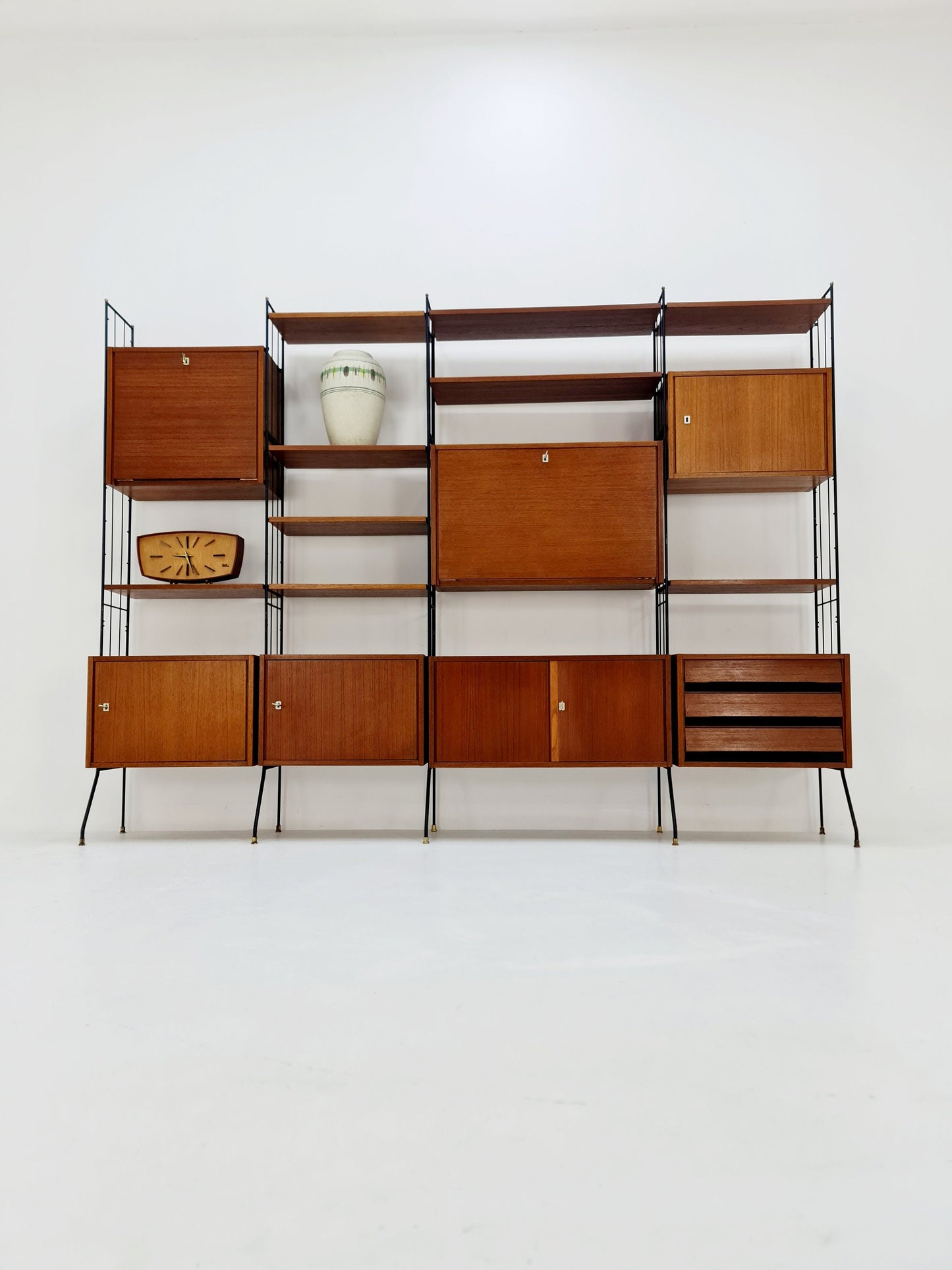 Freestanding string shelf-system unit bookcase teak & metal by Silverschild Germany, 1950s