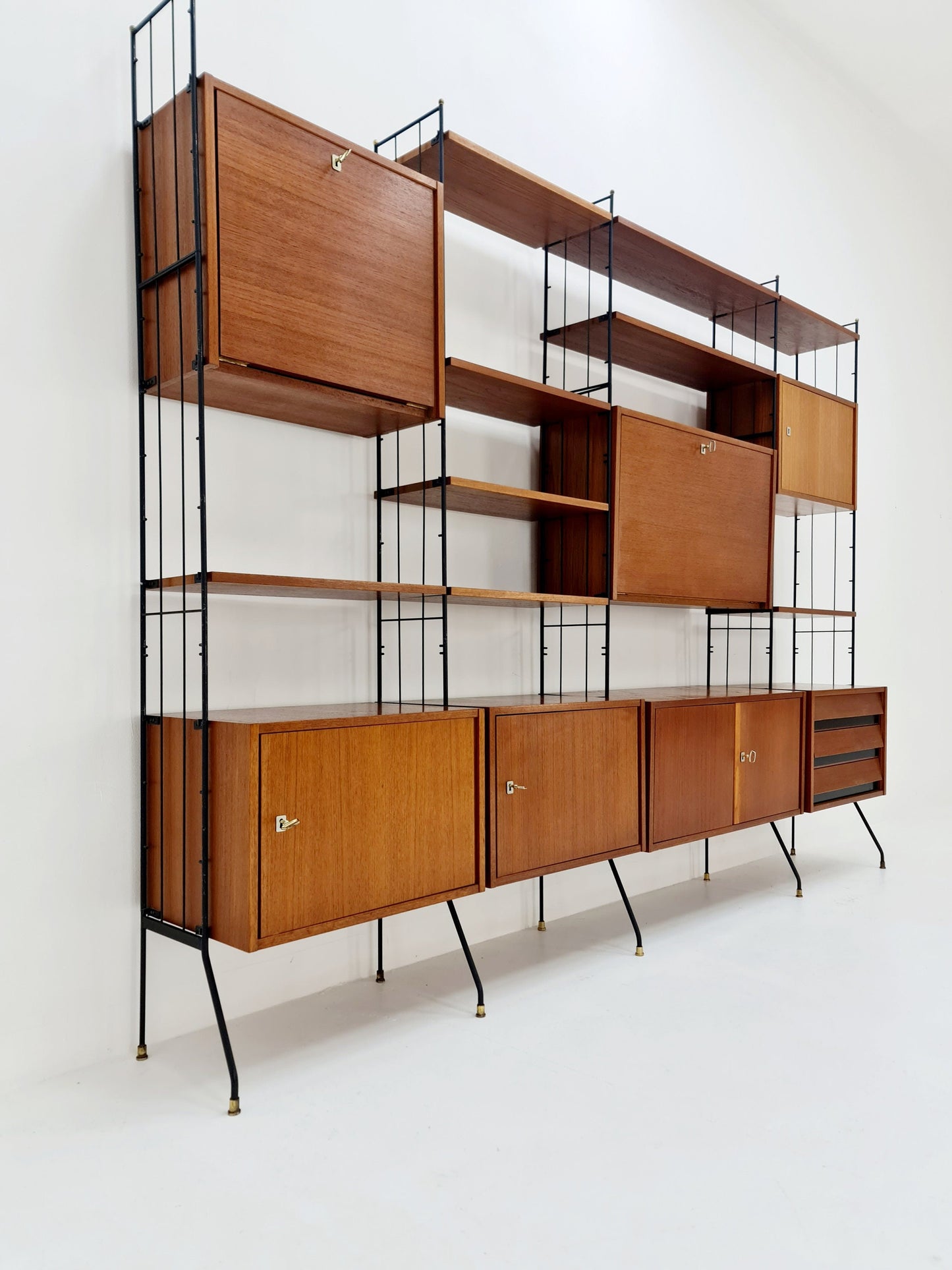 Freestanding string shelf-system unit bookcase teak & metal by Silverschild Germany, 1950s