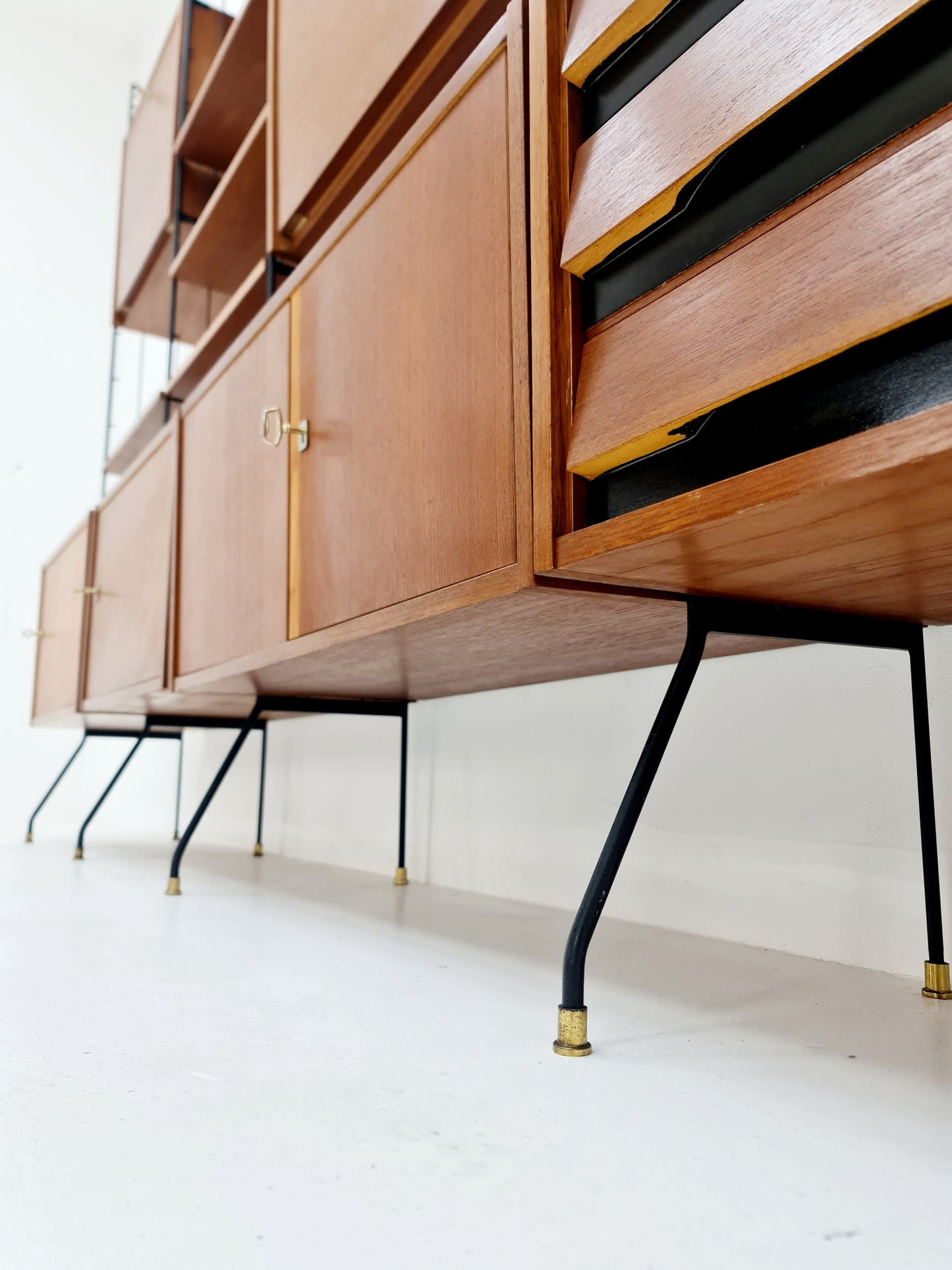 Freestanding string shelf-system unit bookcase teak & metal by Silverschild Germany, 1950s
