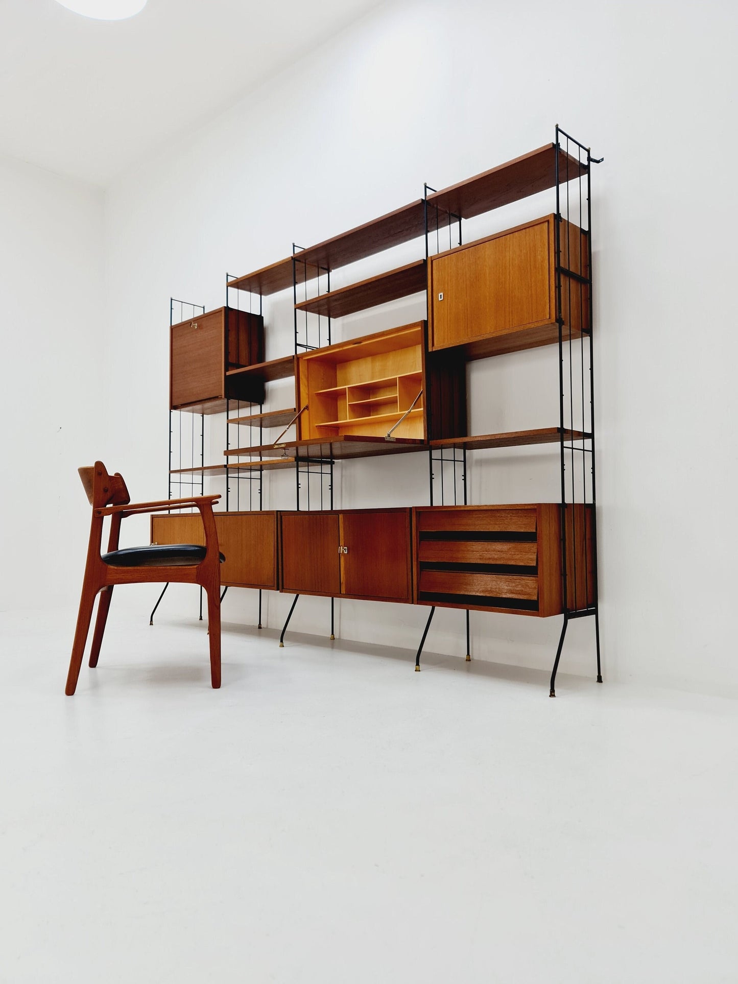 Freestanding string shelf-system unit bookcase teak & metal by Silverschild Germany, 1950s