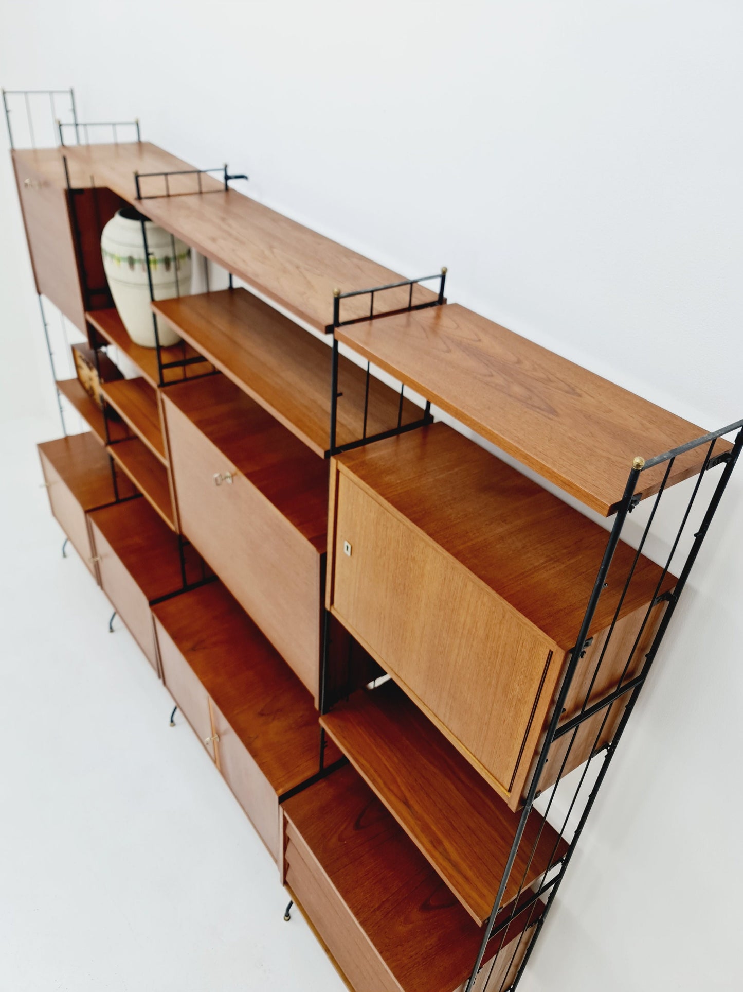 Freestanding string shelf-system unit bookcase teak & metal by Silverschild Germany, 1950s