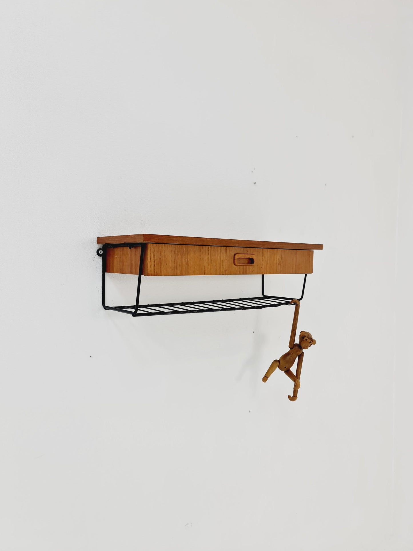 Scandinavian string teak floating/ hanging bedside table/ nightstand, 1960s