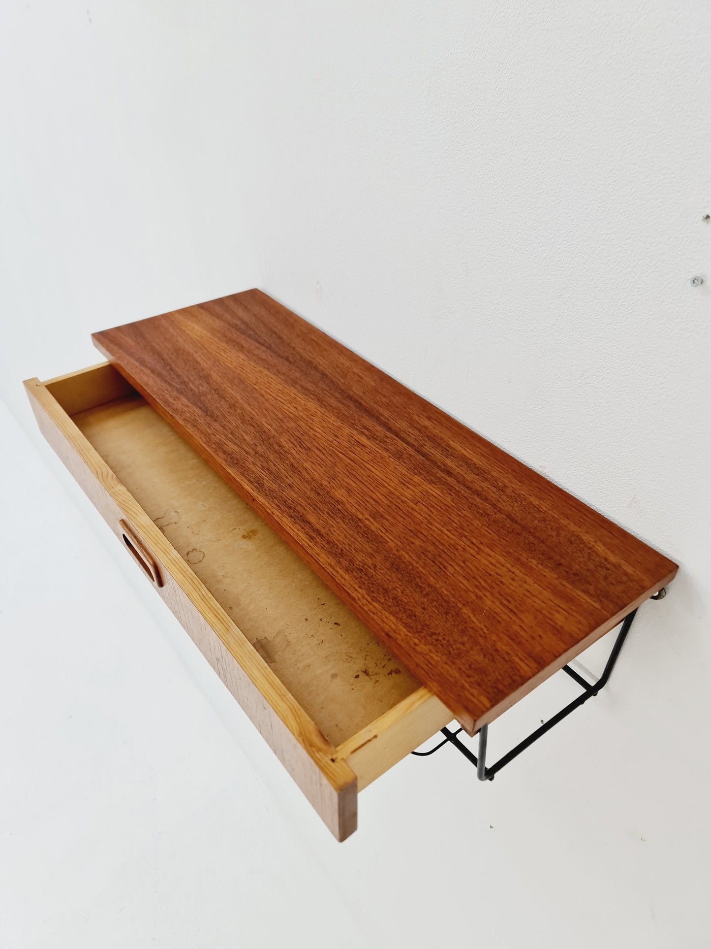 Scandinavian string teak floating/ hanging bedside table/ nightstand, 1960s