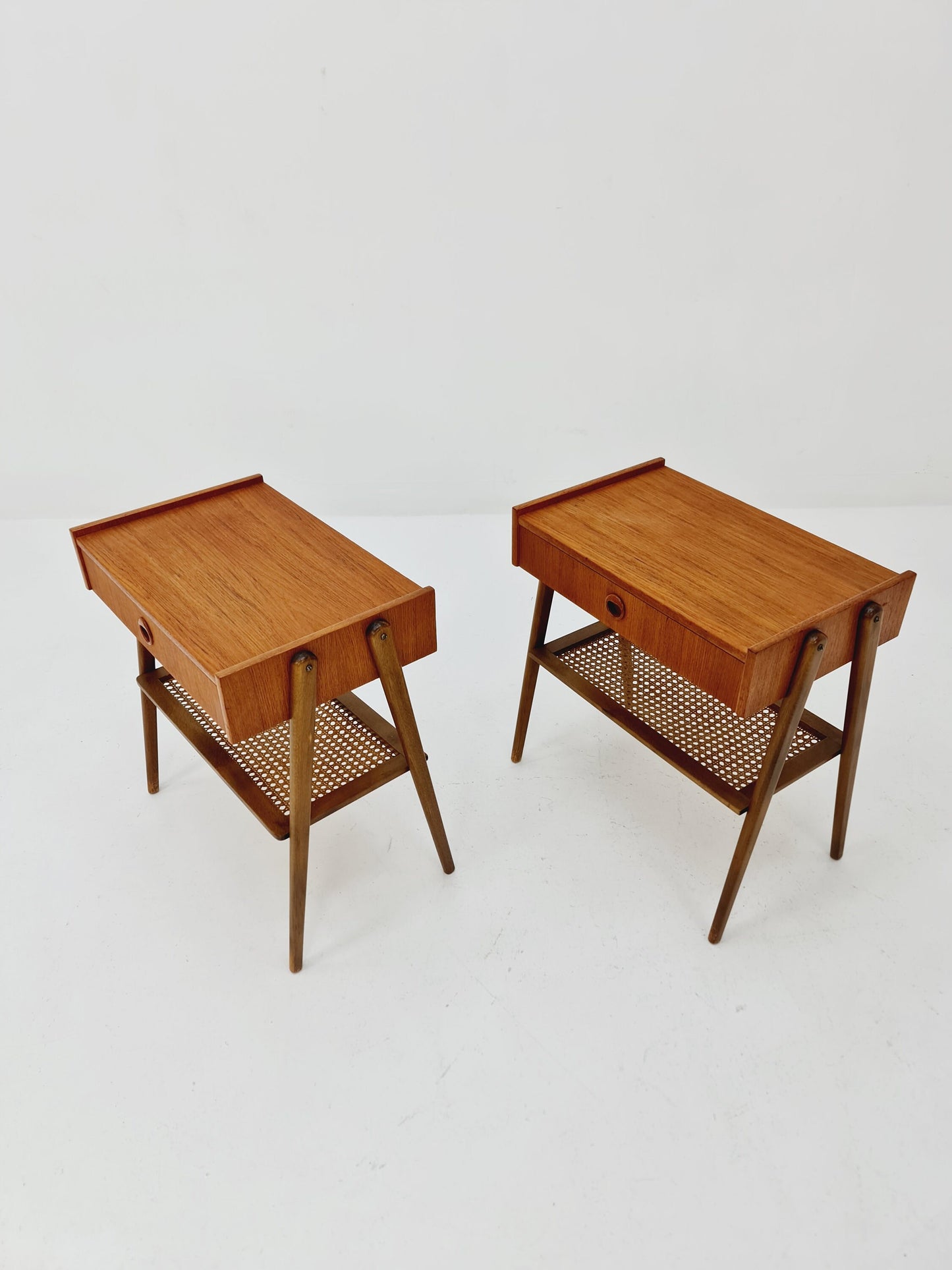 Danish Midcentury Side table/ Bedside table/ Night stand rattan and teak, set of 2