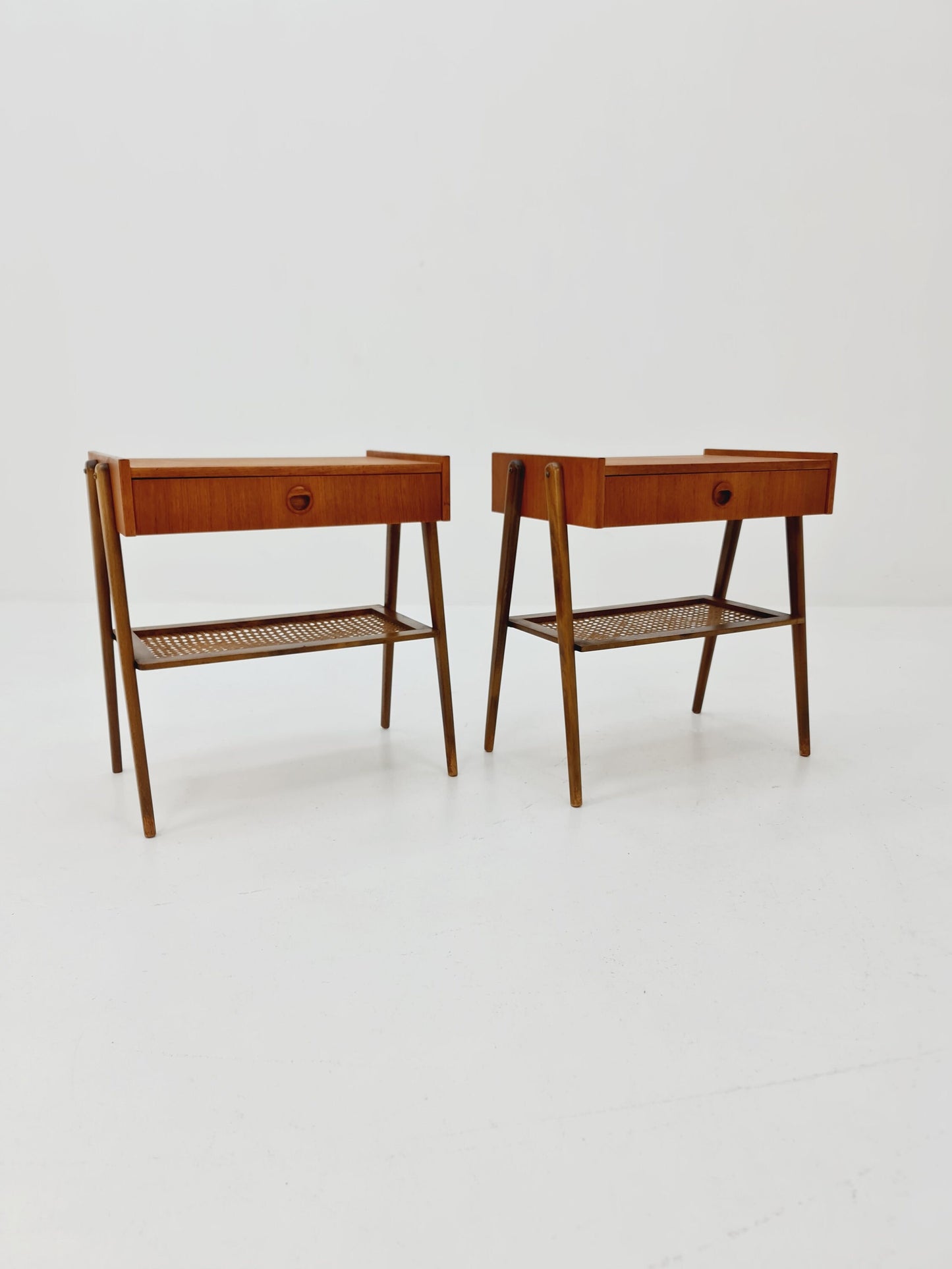 Danish Midcentury Side table/ Bedside table/ Night stand rattan and teak, set of 2