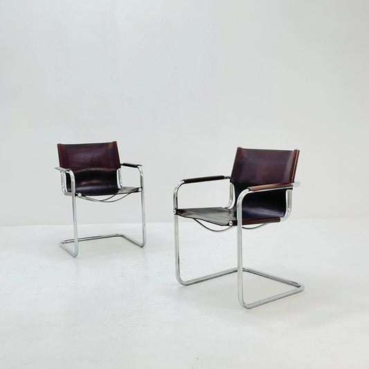 Set of 2 Matteo Grassi visitor chairs in dark brown leather 1970s Italy