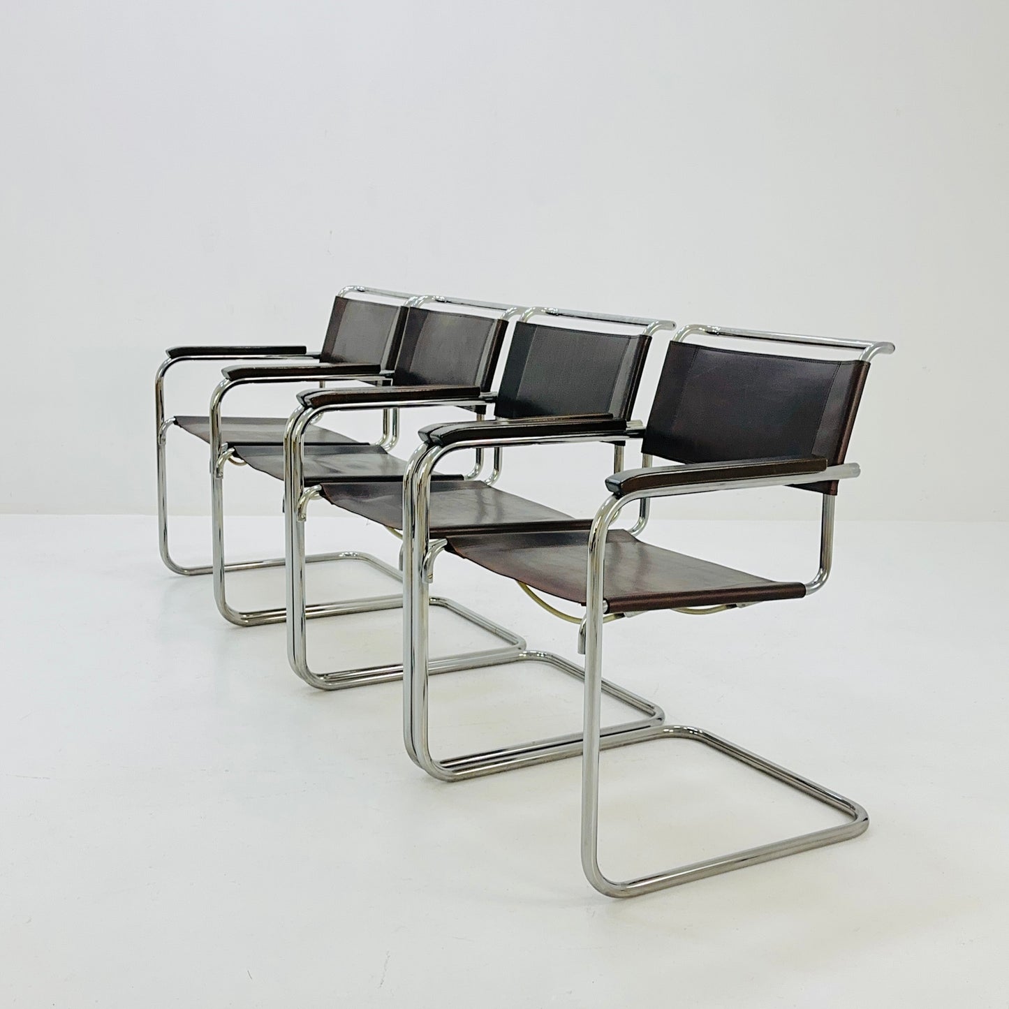 Set of 4 Bauhaus brown leather iconic armchairs by mart Stam for Thonet 1980s