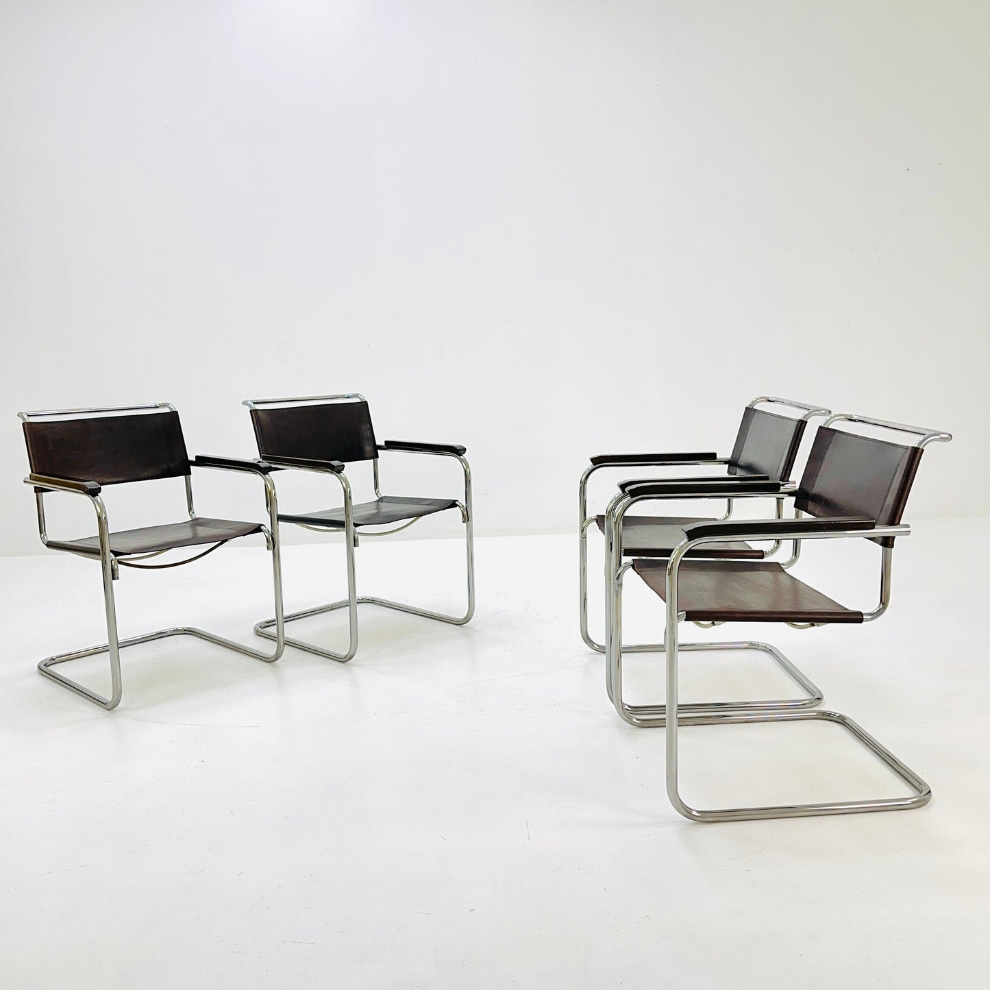Set of 4 Bauhaus brown leather iconic armchairs by mart Stam for Thonet 1980s