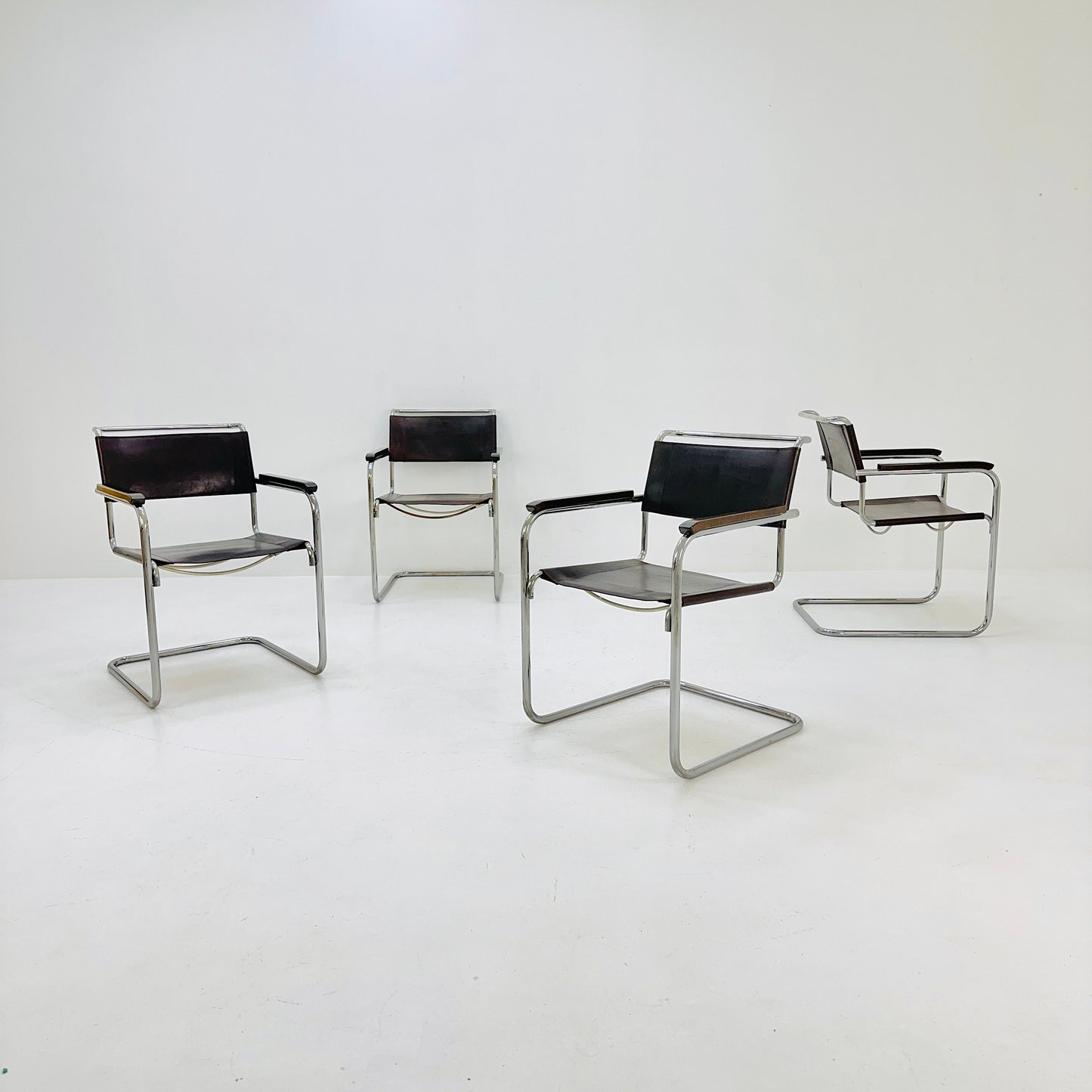 Set of 4 Bauhaus brown leather iconic armchairs by mart Stam for Thonet 1980s