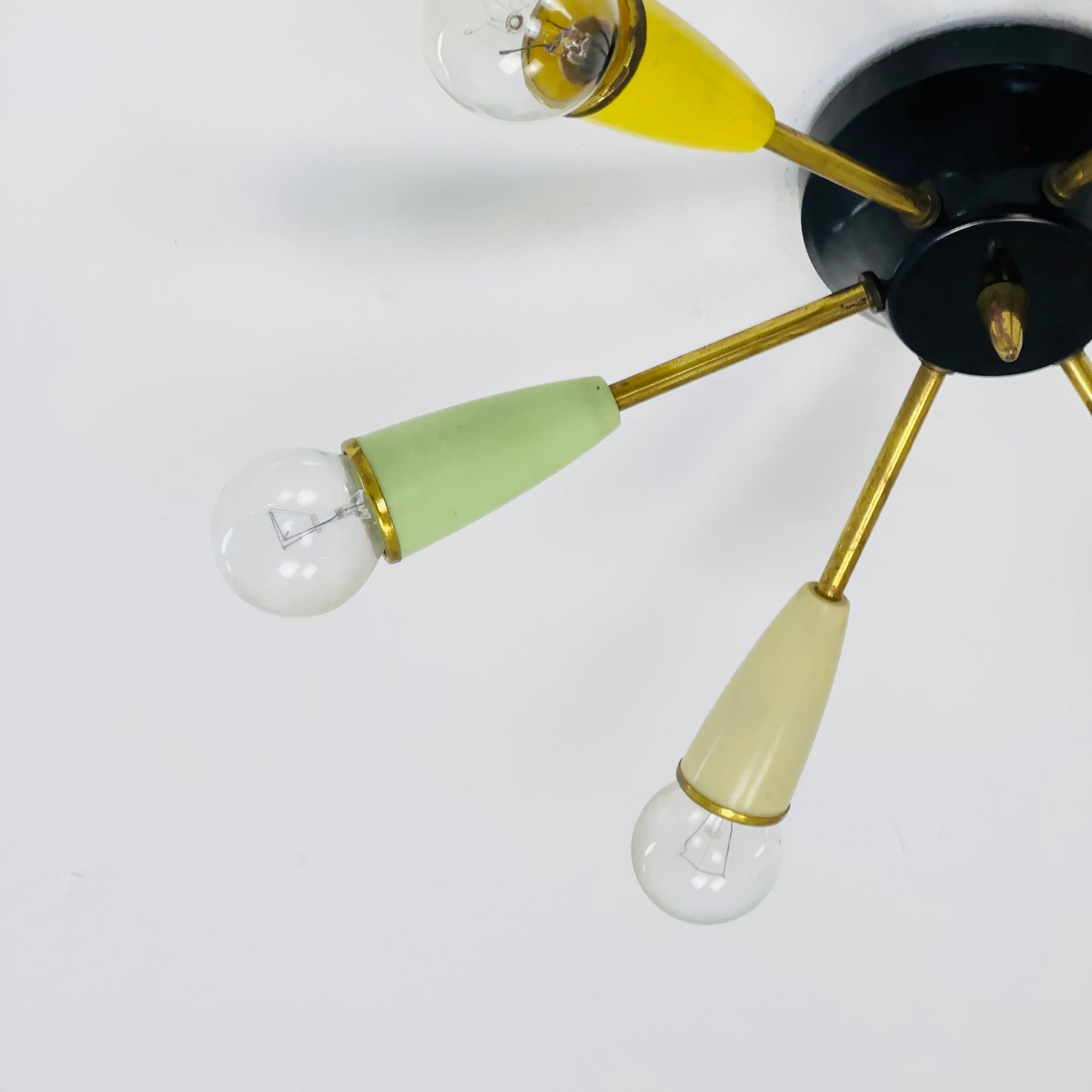 Mid century “sputnik”ceiling lamp with 6 colored arms 1950s