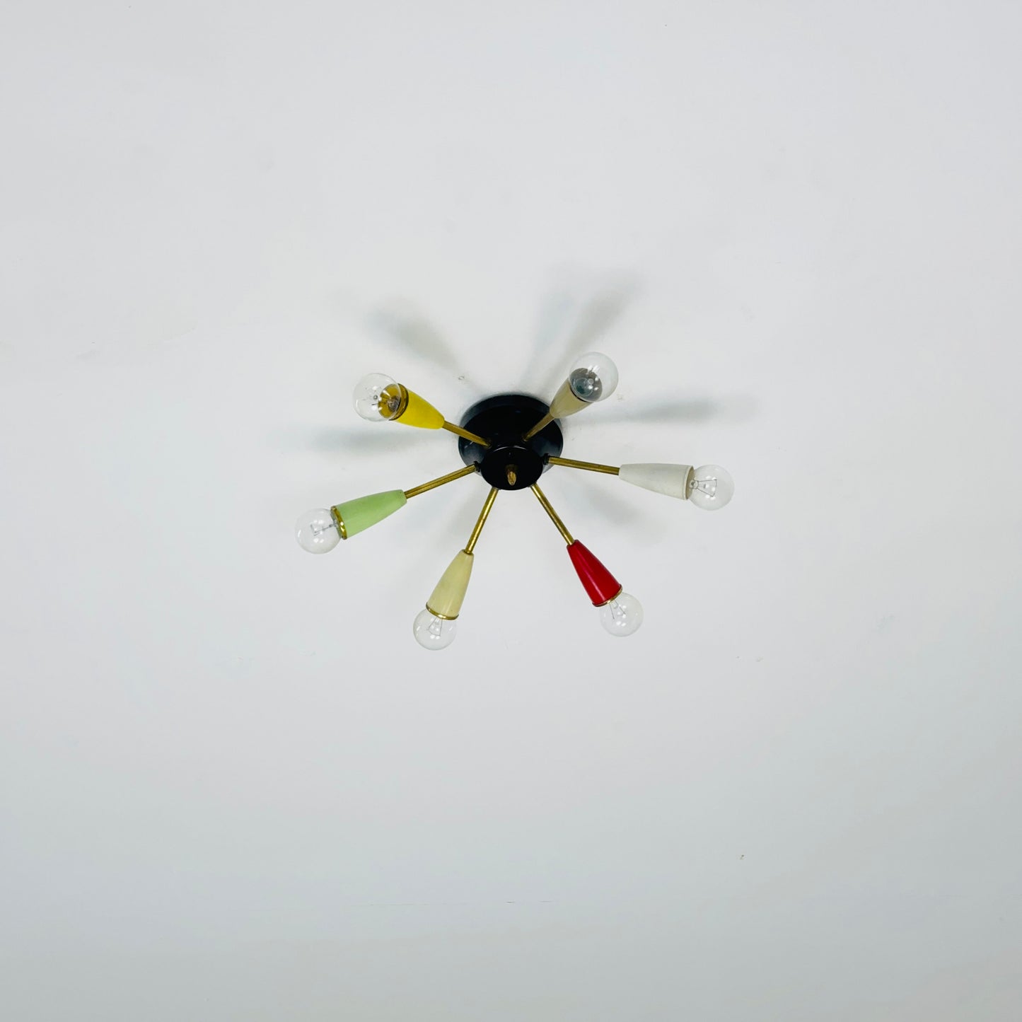 Mid century “sputnik”ceiling lamp with 6 colored arms 1950s