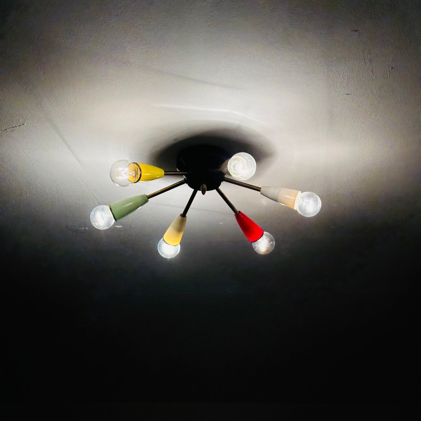 Mid century “sputnik”ceiling lamp with 6 colored arms 1950s