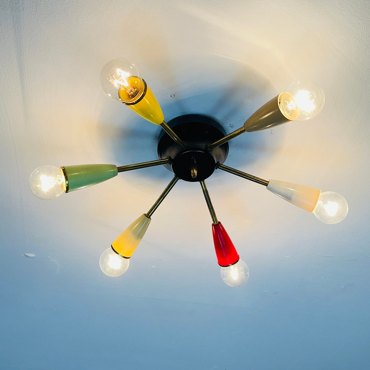 Mid century “sputnik”ceiling lamp with 6 colored arms 1950s