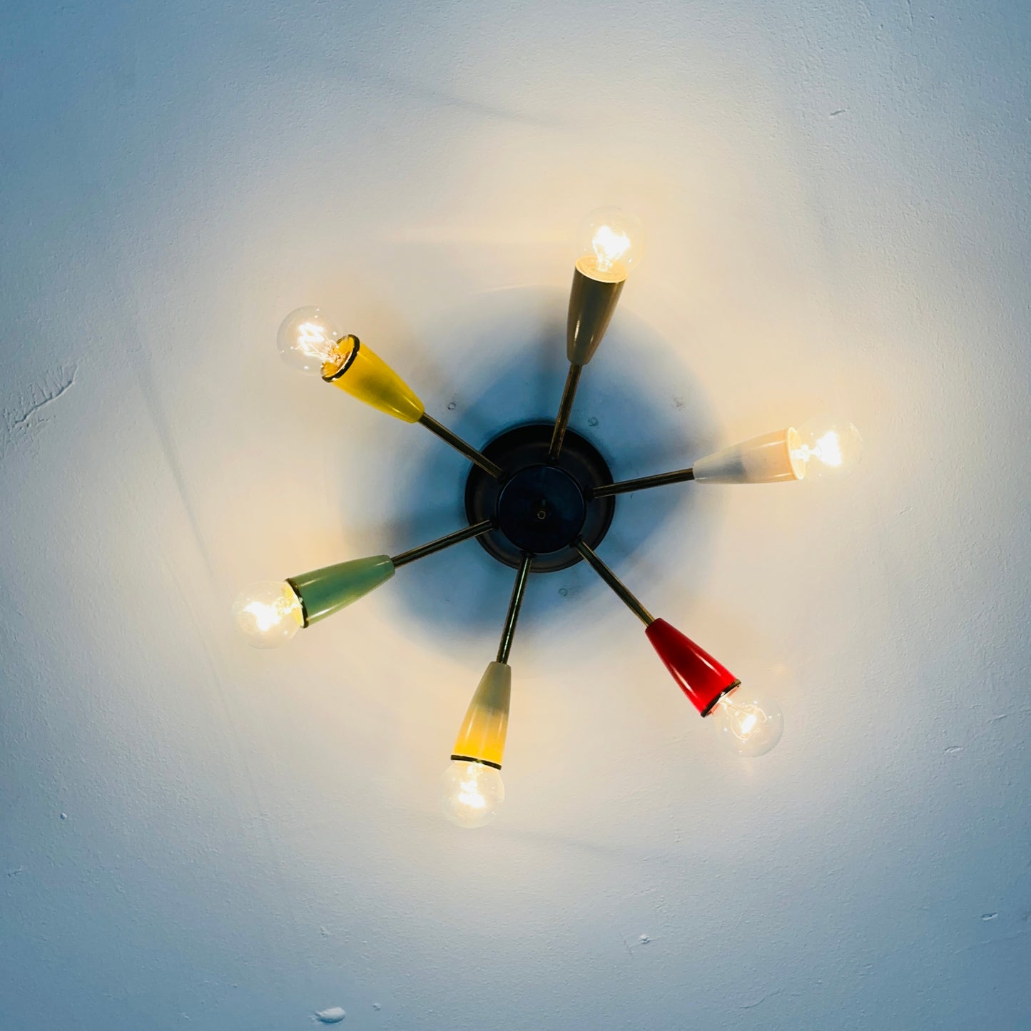 Mid century “sputnik”ceiling lamp with 6 colored arms 1950s