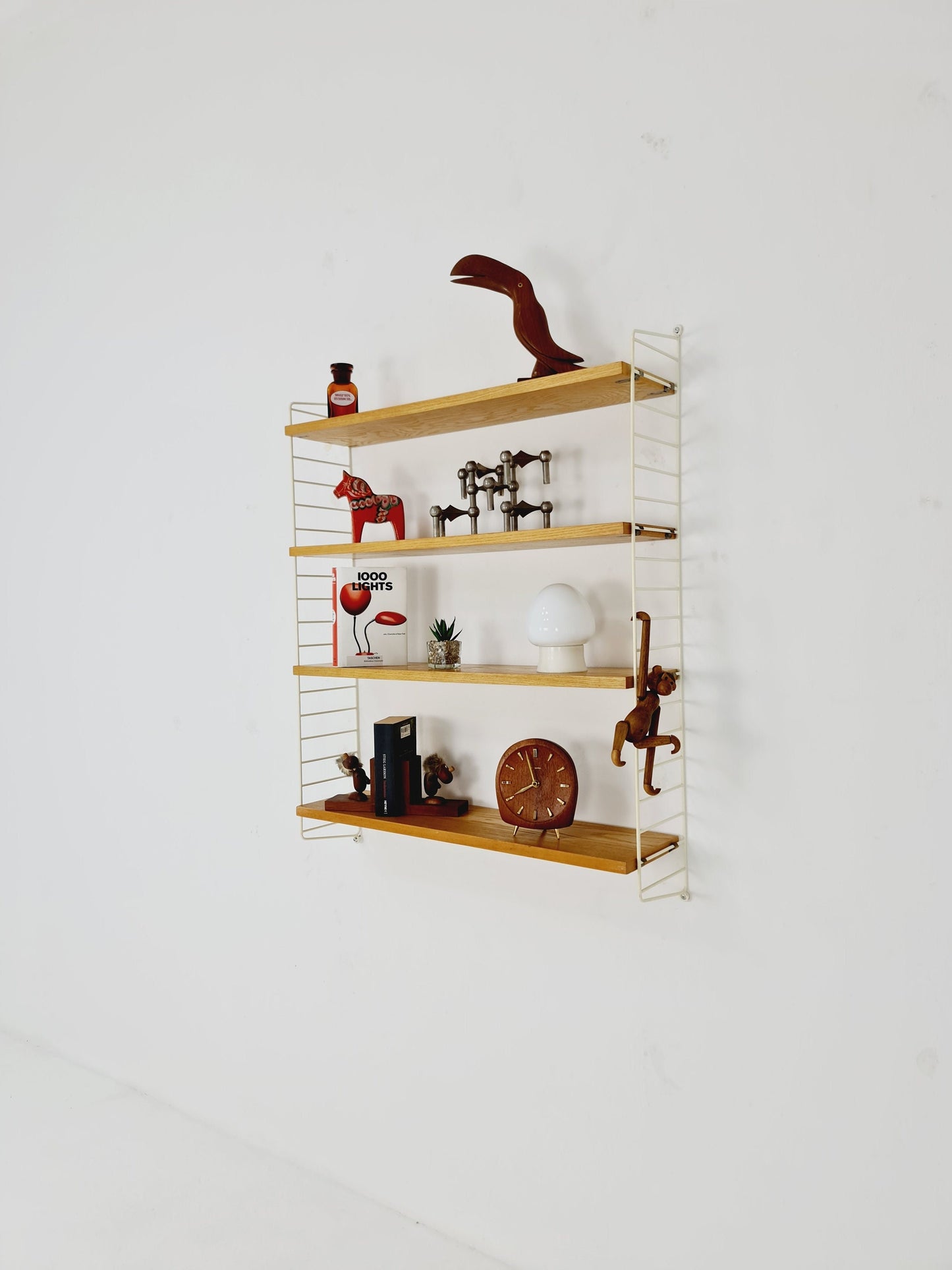 Original MCM Oak shelving system - consists of white lacquered metal ladders, from string Stockholm 1960s