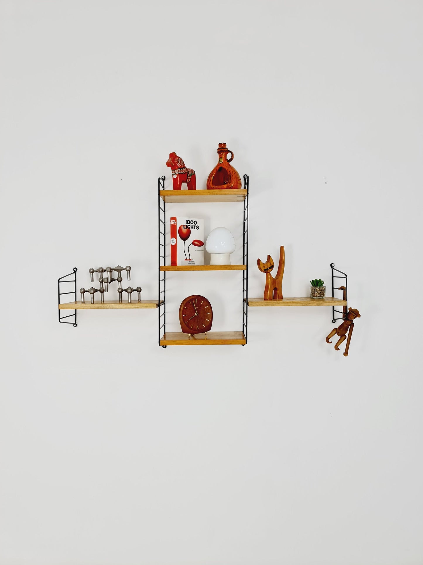 Original MCM Oak shelving system - consists of Black lacquered metal ladders, from string Stockholm 1960s