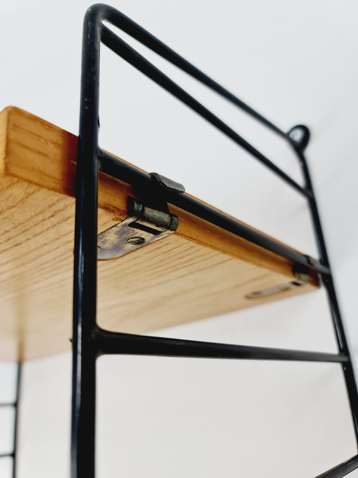 Original MCM Oak shelving system - consists of Black lacquered metal ladders, from string Stockholm 1960s