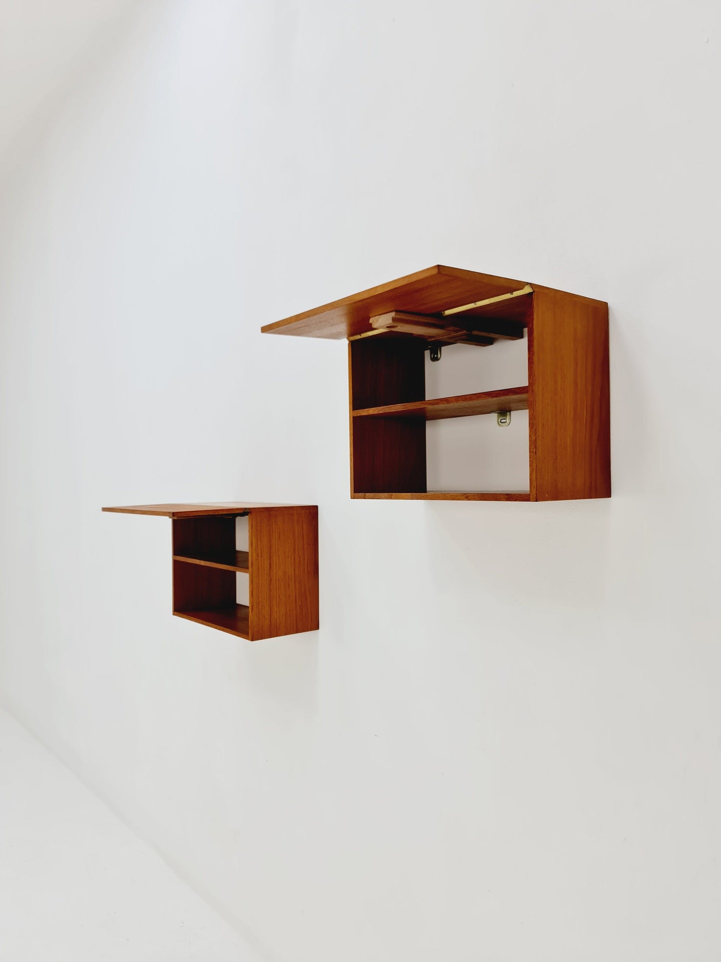 Rare pair of Danish teak floating extandable shelf nightstands, 1960s