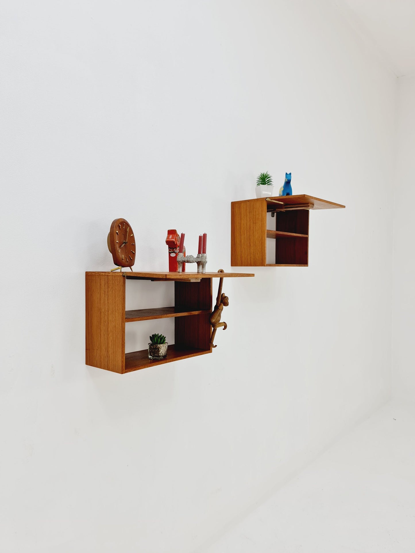 Rare pair of Danish teak floating extandable shelf nightstands, 1960s