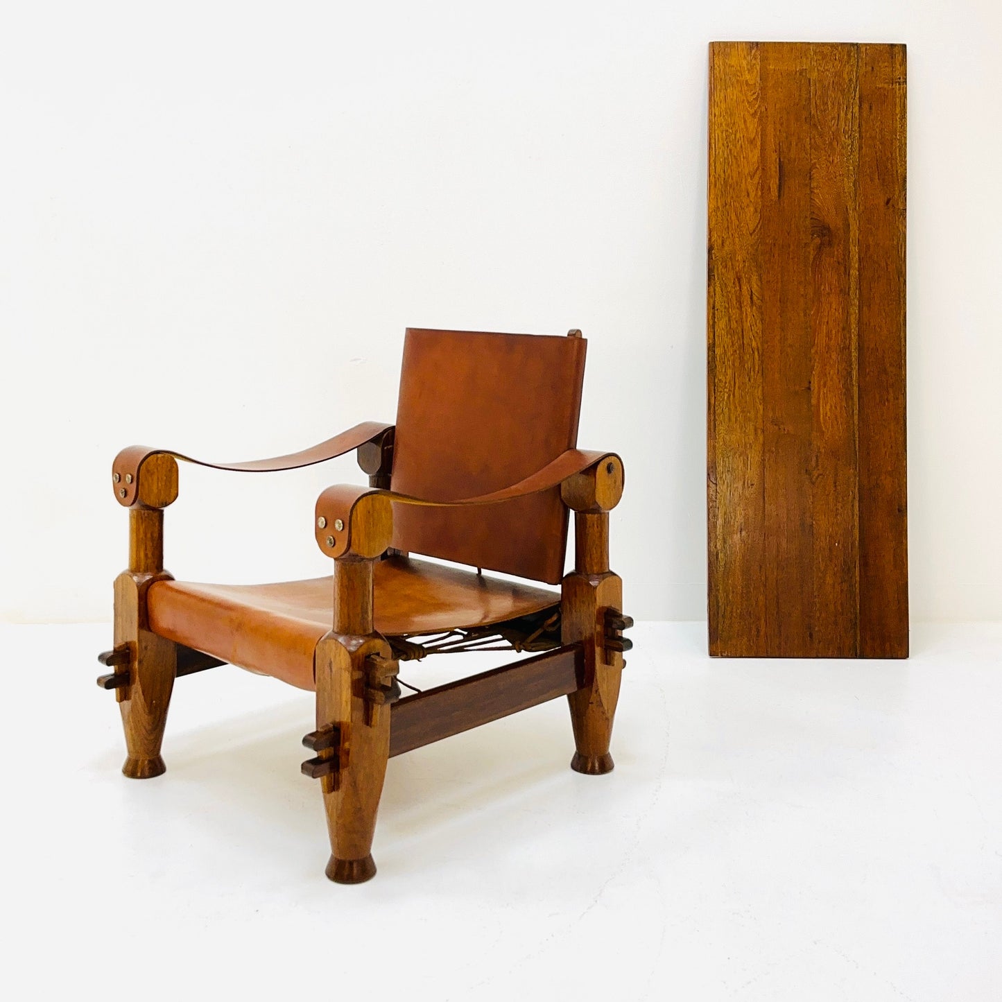 Mid Century Brutalist Safari Living Room Set in Cognac Leather , 1960s Nepal