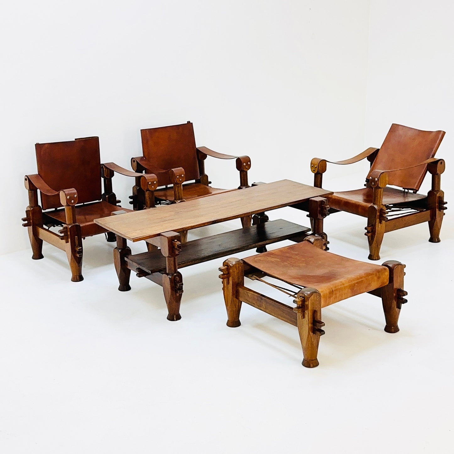Mid Century Brutalist Safari Living Room Set in Cognac Leather , 1960s Nepal
