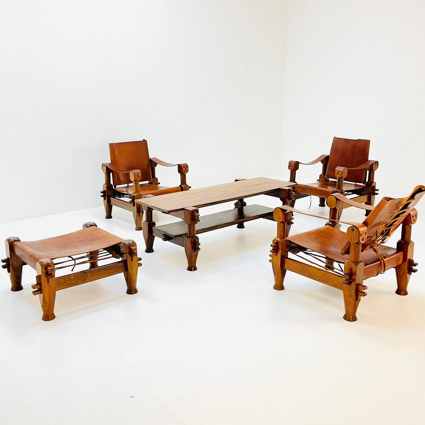 Mid Century Brutalist Safari Living Room Set in Cognac Leather , 1960s Nepal